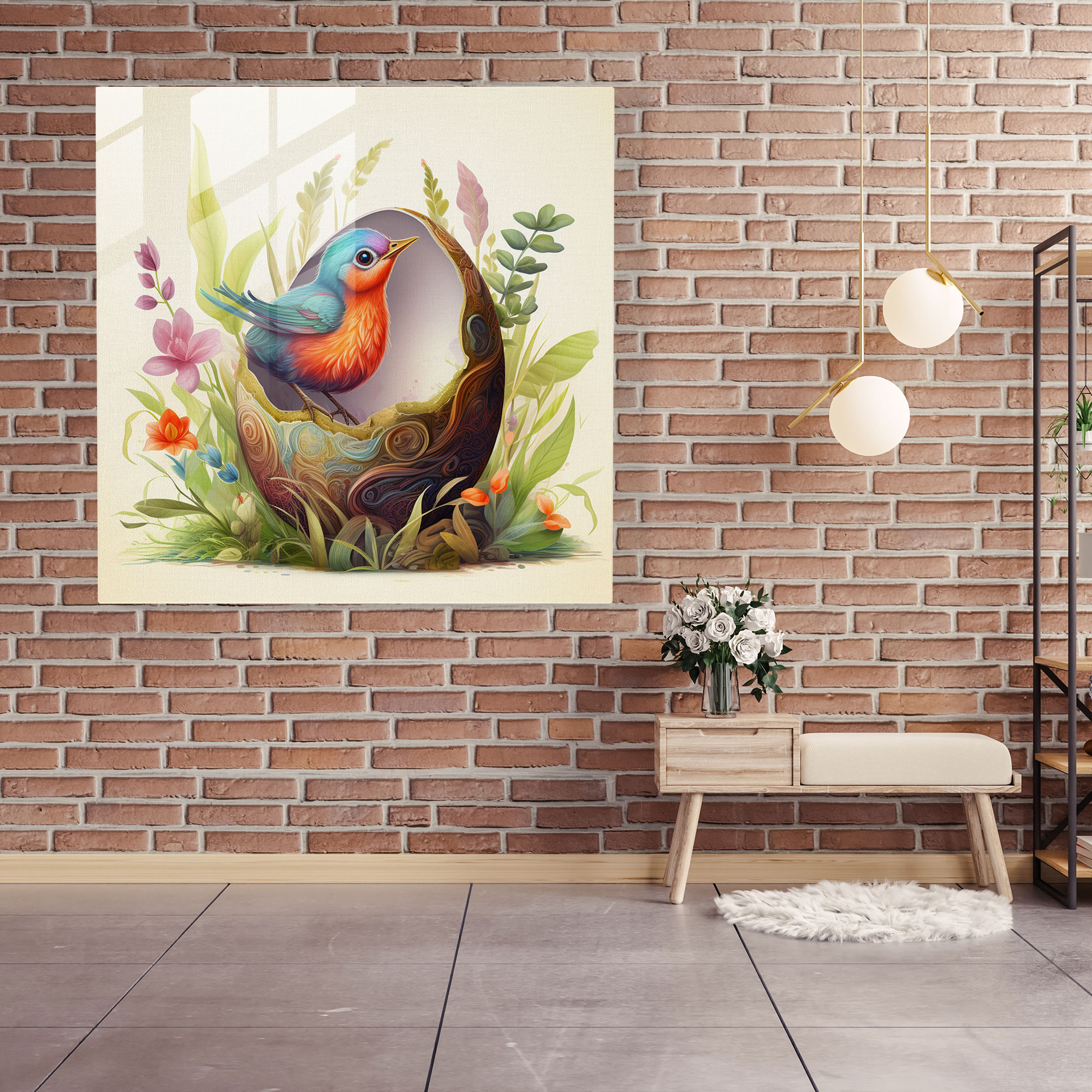 Born To Soar: Whimsical Glass Print - Born, Baby Bird, Whimsical Illustration, Colorful Egg