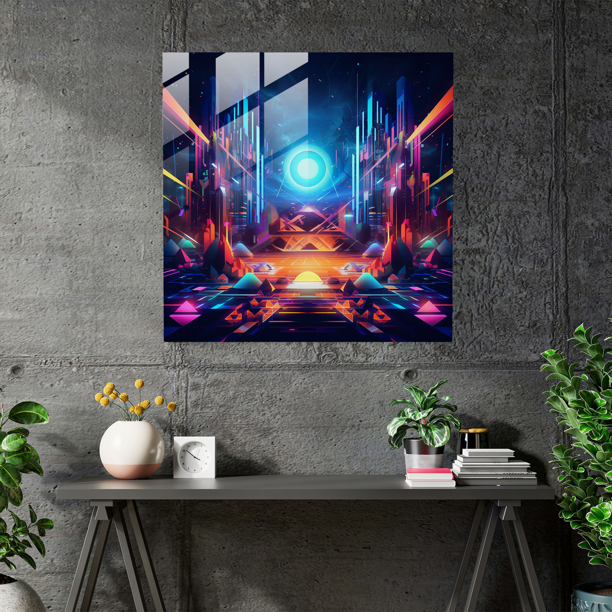Neon Era Born Glass Print - Born, Modern Art, Futuristic Digital Artwork, New Era