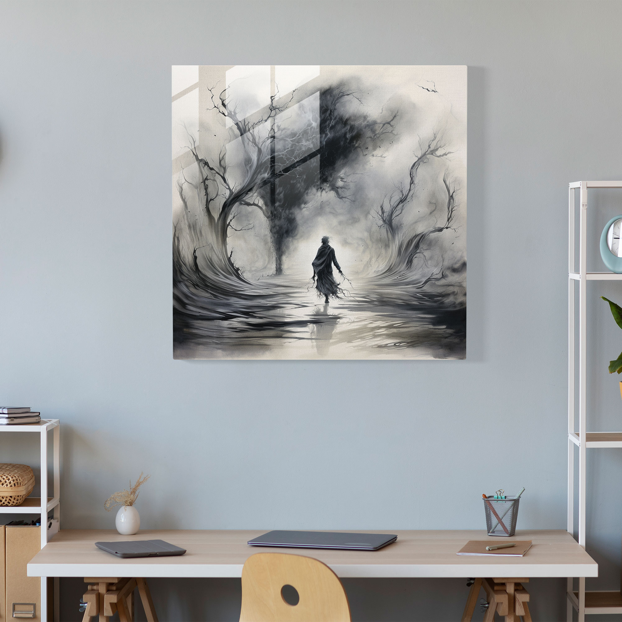 Lebendige Essenz - Glasbild mit Tintenwaschung - Geboren Wanddekoration Glaswandkunst Tintenwaschmalerei