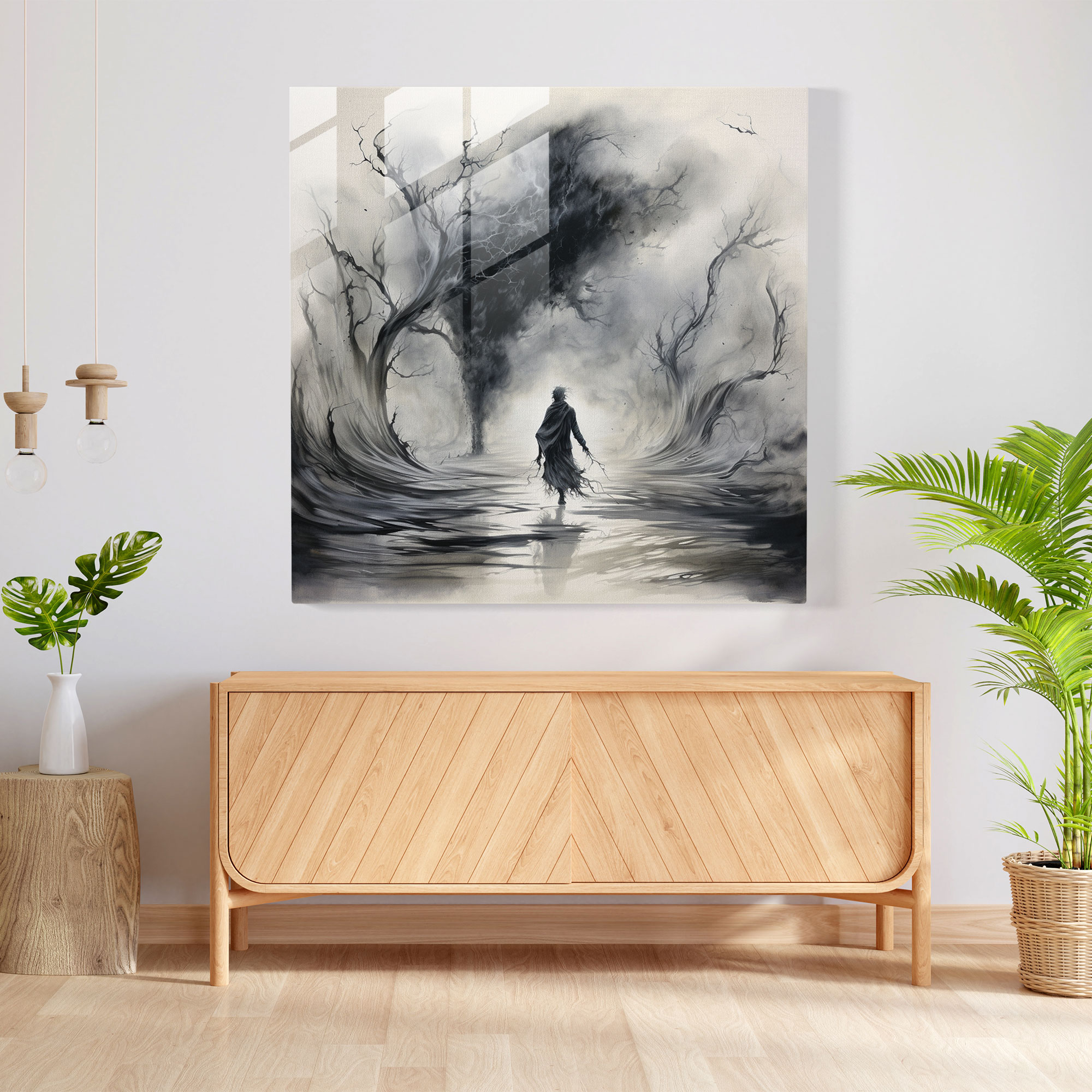 Lebendige Essenz - Glasbild mit Tintenwaschung - Geboren Wanddekoration Glaswandkunst Tintenwaschmalerei