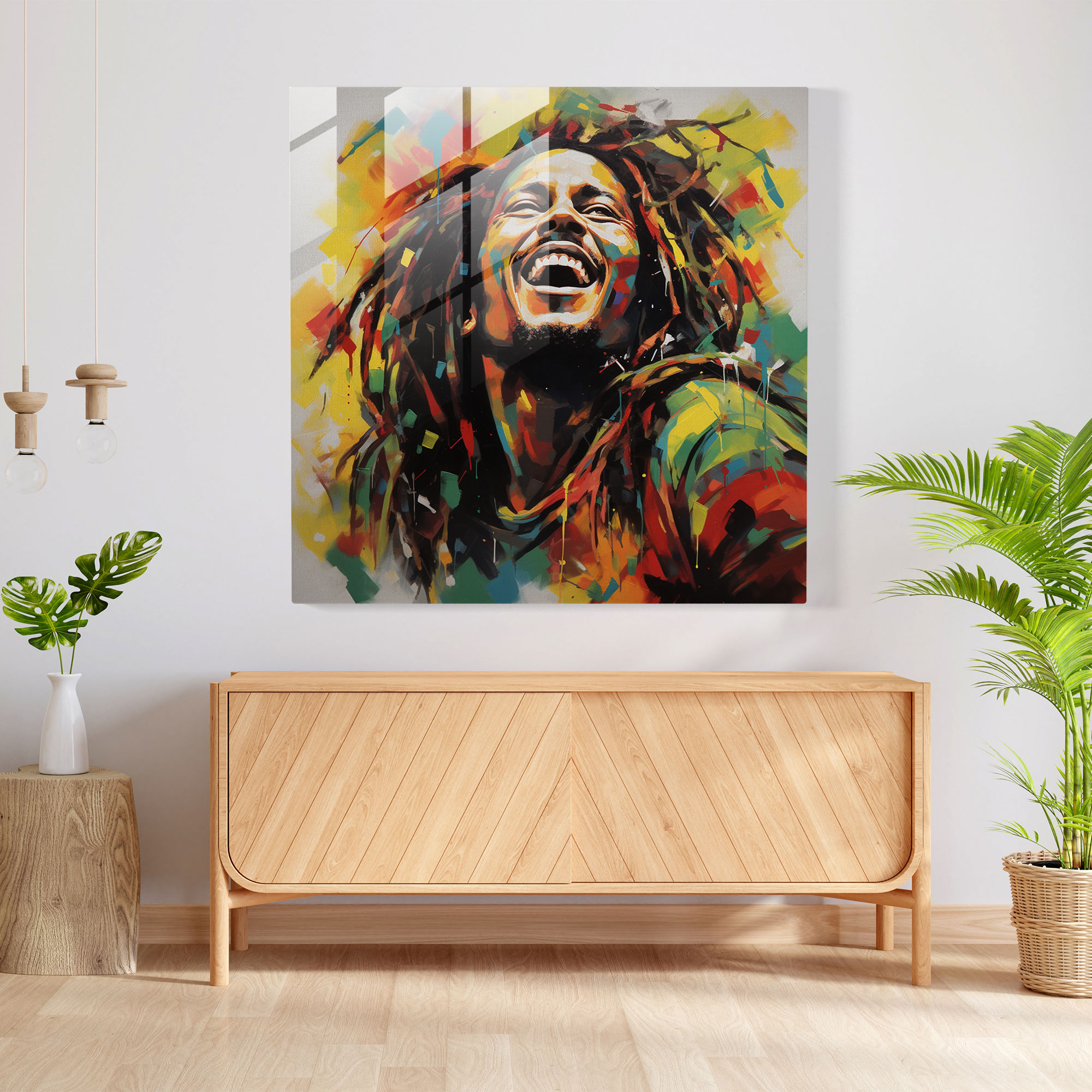 Glasbild Bob Marley - Modernes abstraktes Wandkunstwerk - Wanddekoration Glasbild Kunst