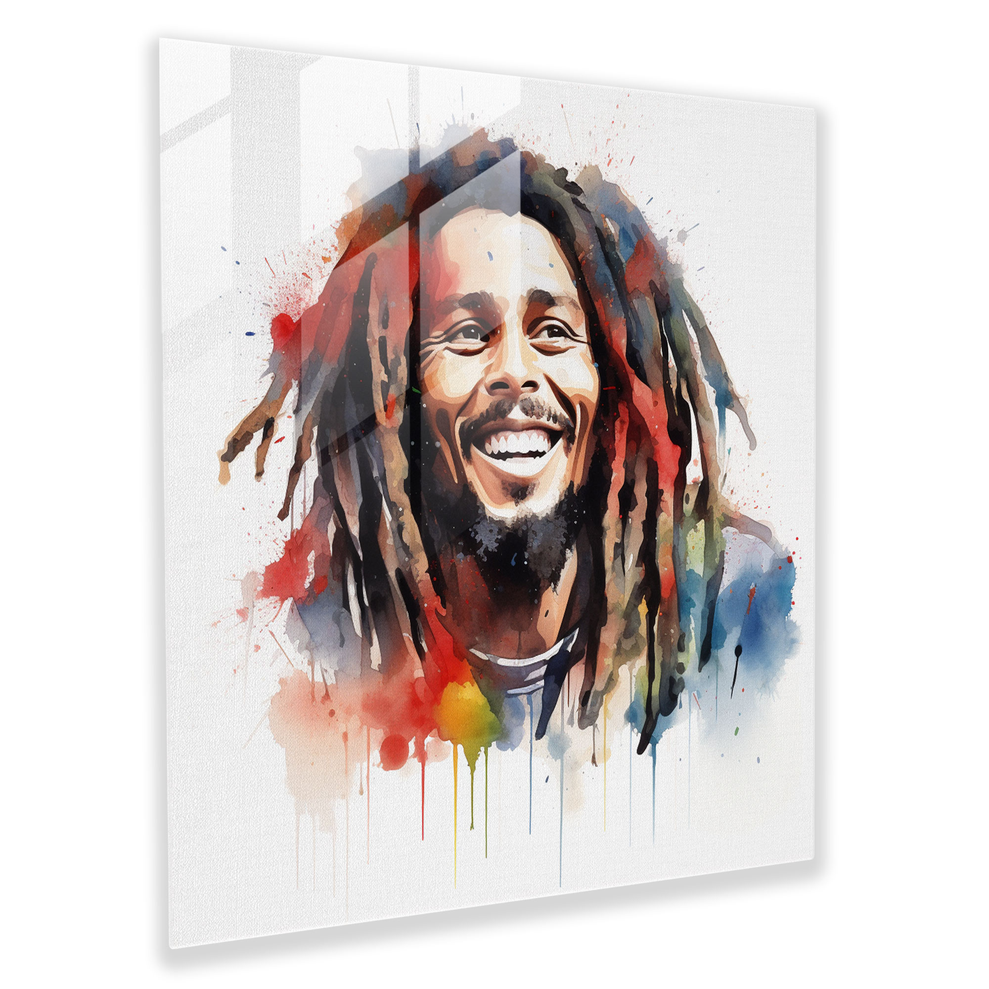Bob Marley Cam Tablo - Canlı Suluboya Sanatı - Bob Marley Cam Tablo Modern Sanat Pozitif Enerjiler