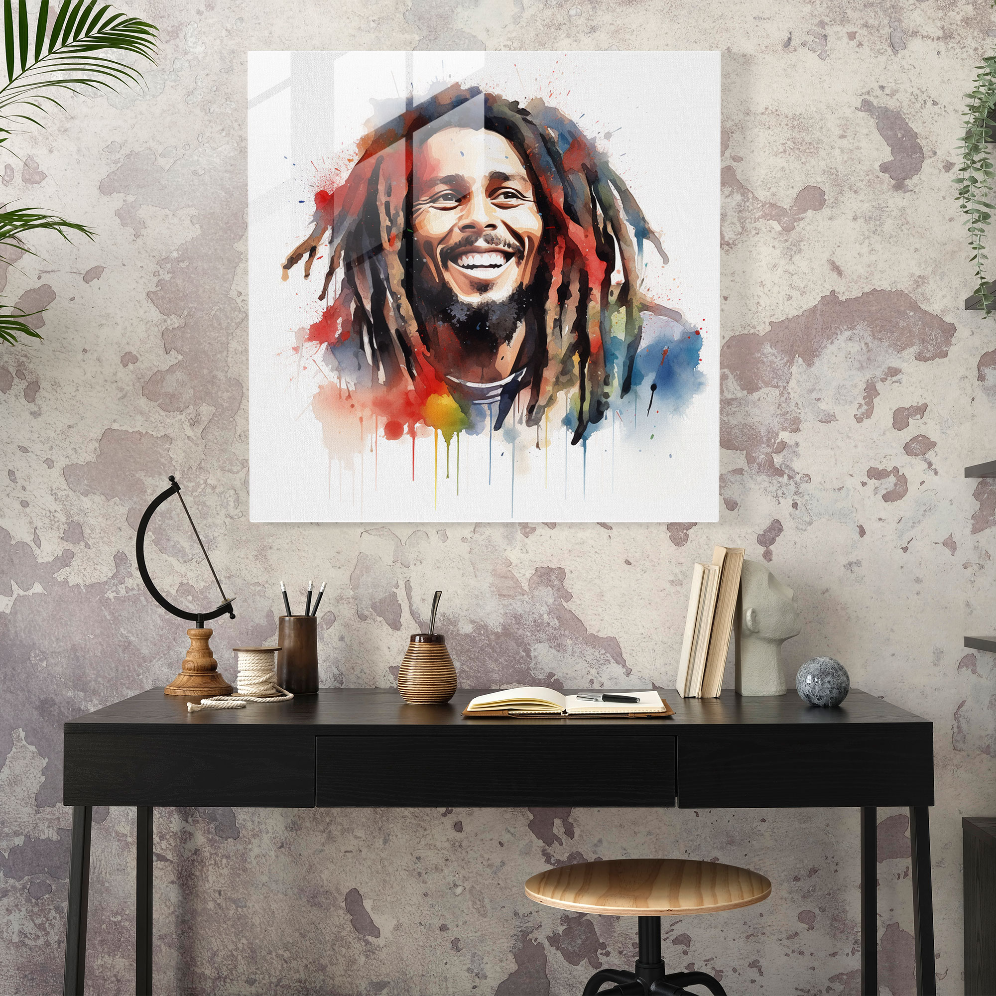Bob Marley Cam Tablo - Canlı Suluboya Sanatı - Bob Marley Cam Tablo Modern Sanat Pozitif Enerjiler