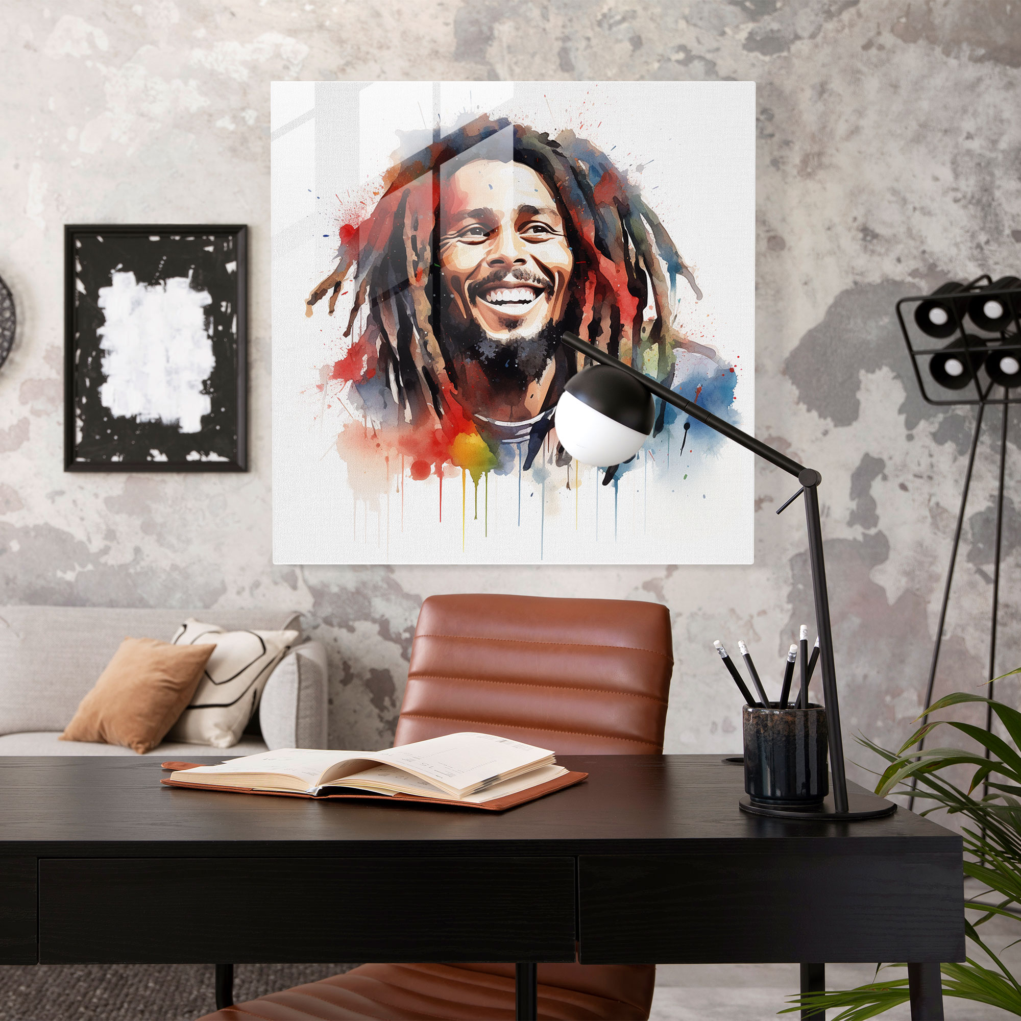 Bob Marley Cam Tablo - Canlı Suluboya Sanatı - Bob Marley Cam Tablo Modern Sanat Pozitif Enerjiler