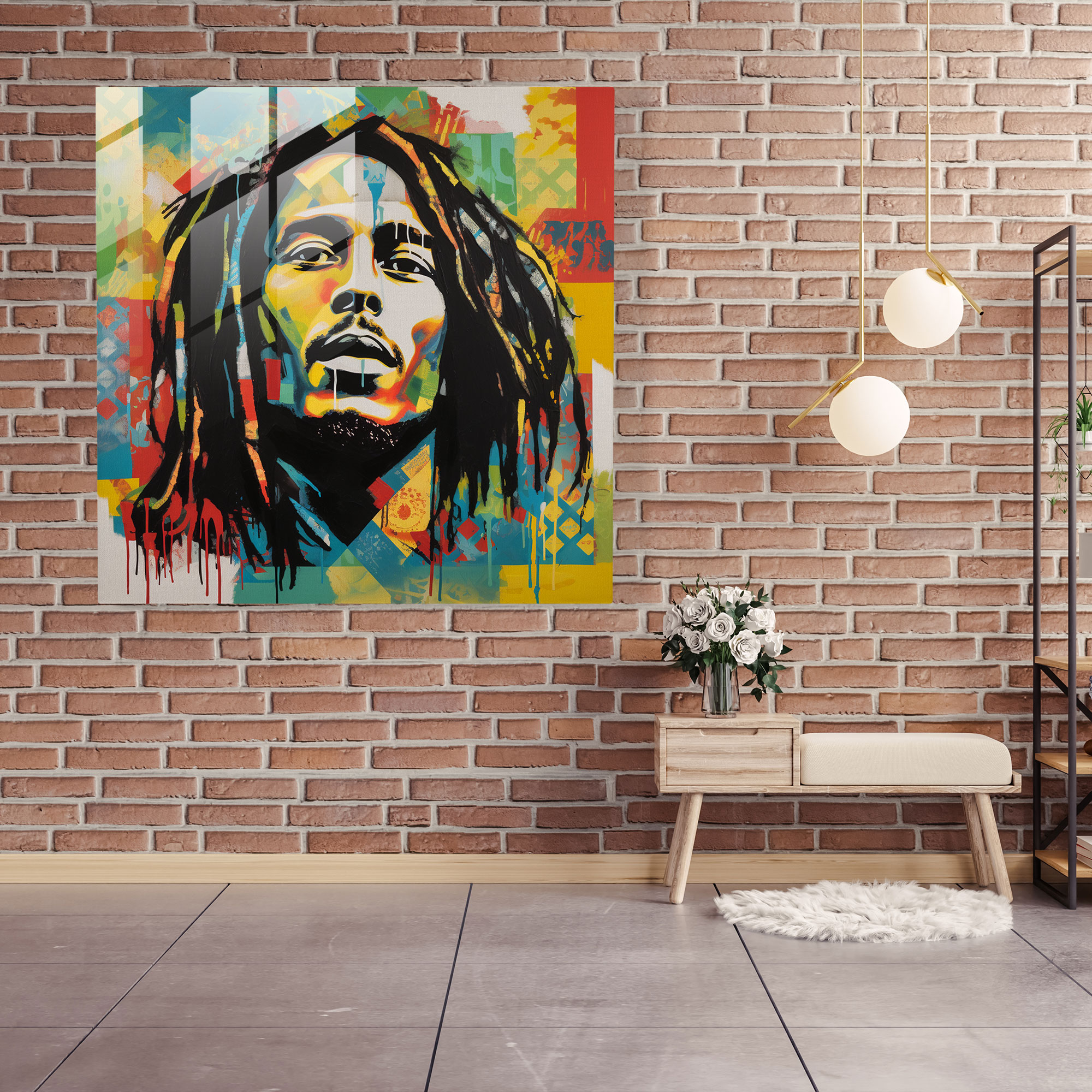 Bob Marley Glasbild - Pop Art Collage mit lebendigen Mustern - Moderne Kunst Wanddekoration