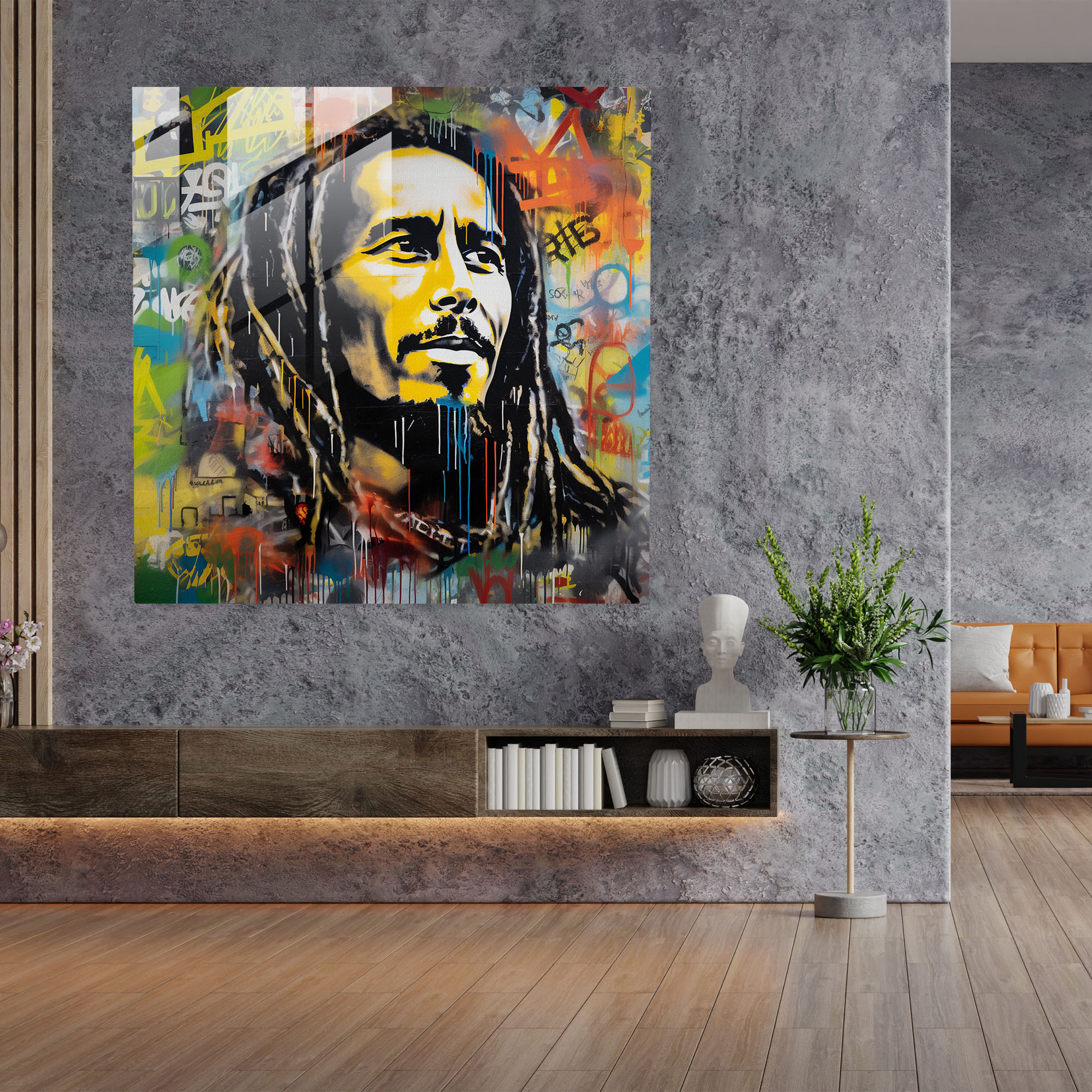 Bob Marley Glasbild - Graffiti Straßenkunst - Bob Marley Graffiti-Stil Wanddekoration