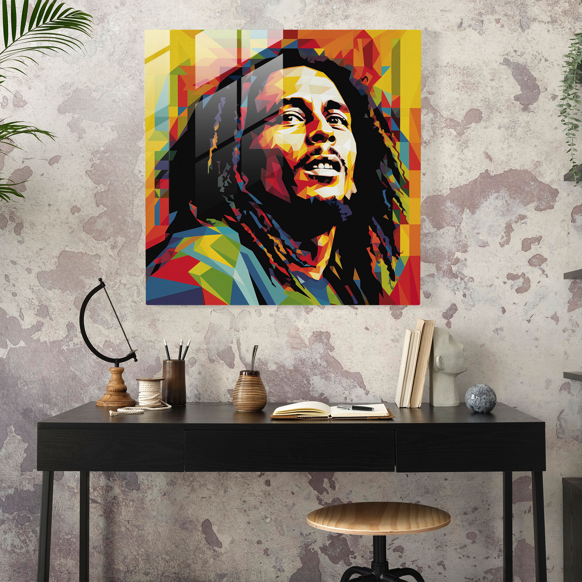 Bob Marley Glasbild - Bob Marley bunte geometrische Formen moderne Kunst