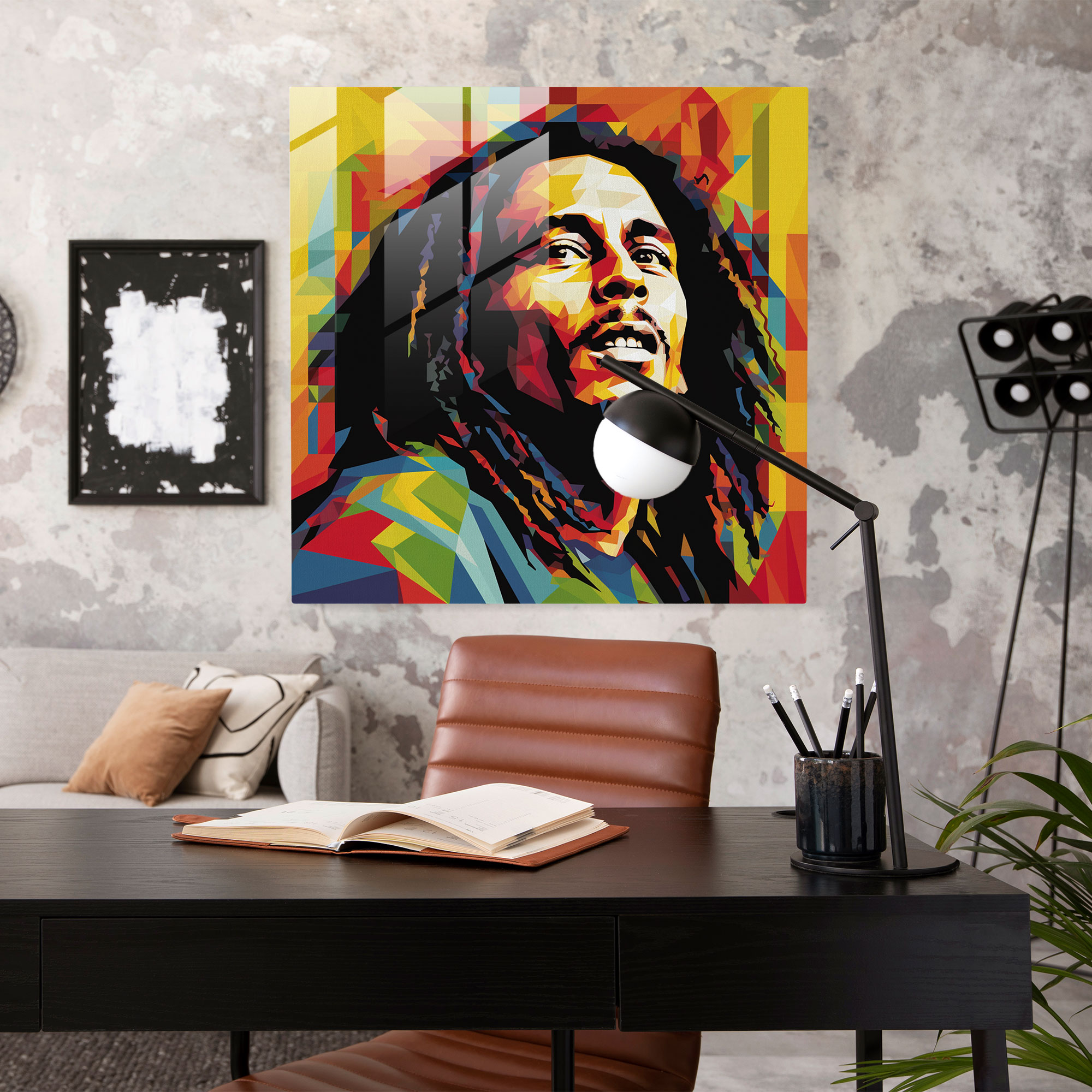 Bob Marley Glasbild - Bob Marley bunte geometrische Formen moderne Kunst