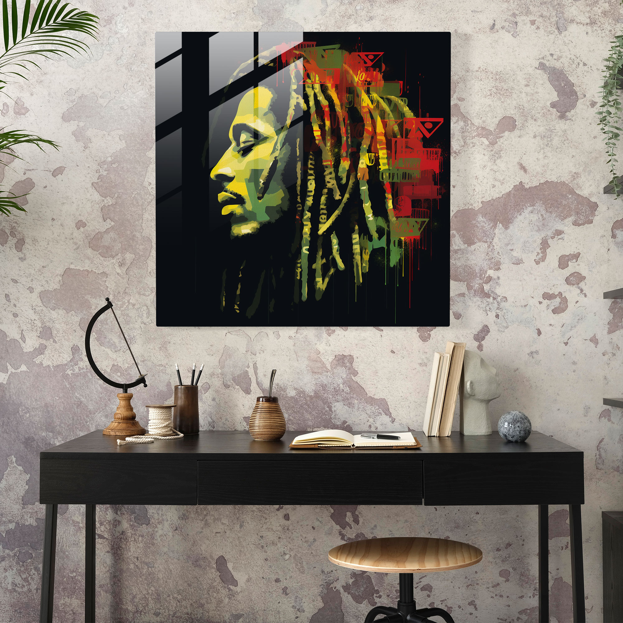 Bob Marley Cam Tablo - Bob Marley Graffiti Tarzı Sanat Eseri Lirik Deha