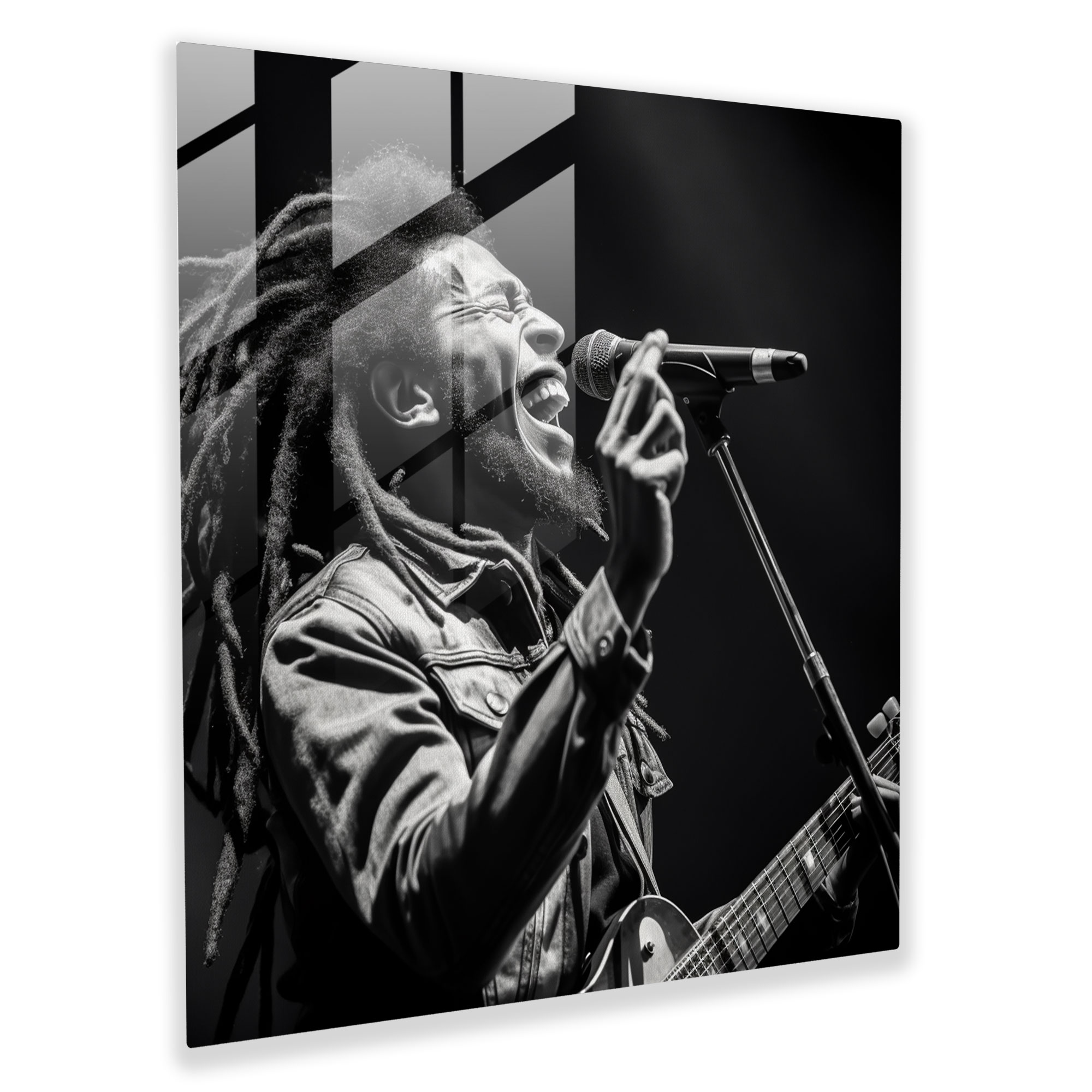 Bob Marley Glasbild - Schwarz-weiße Live-Performance - Bob Marley Glas Wandkunst Schwarz-weiß Moderne Kunst