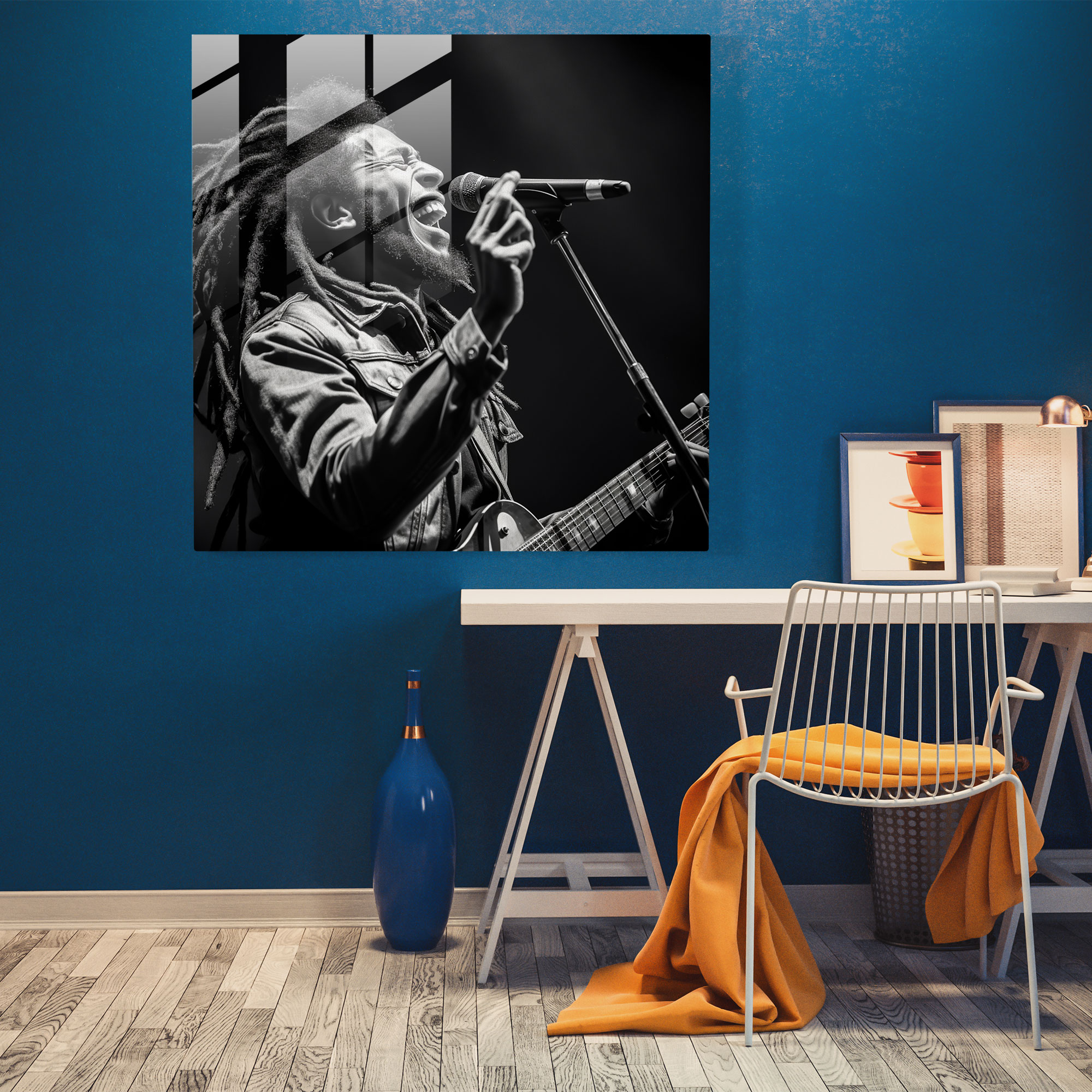 Bob Marley Glasbild - Schwarz-weiße Live-Performance - Bob Marley Glas Wandkunst Schwarz-weiß Moderne Kunst