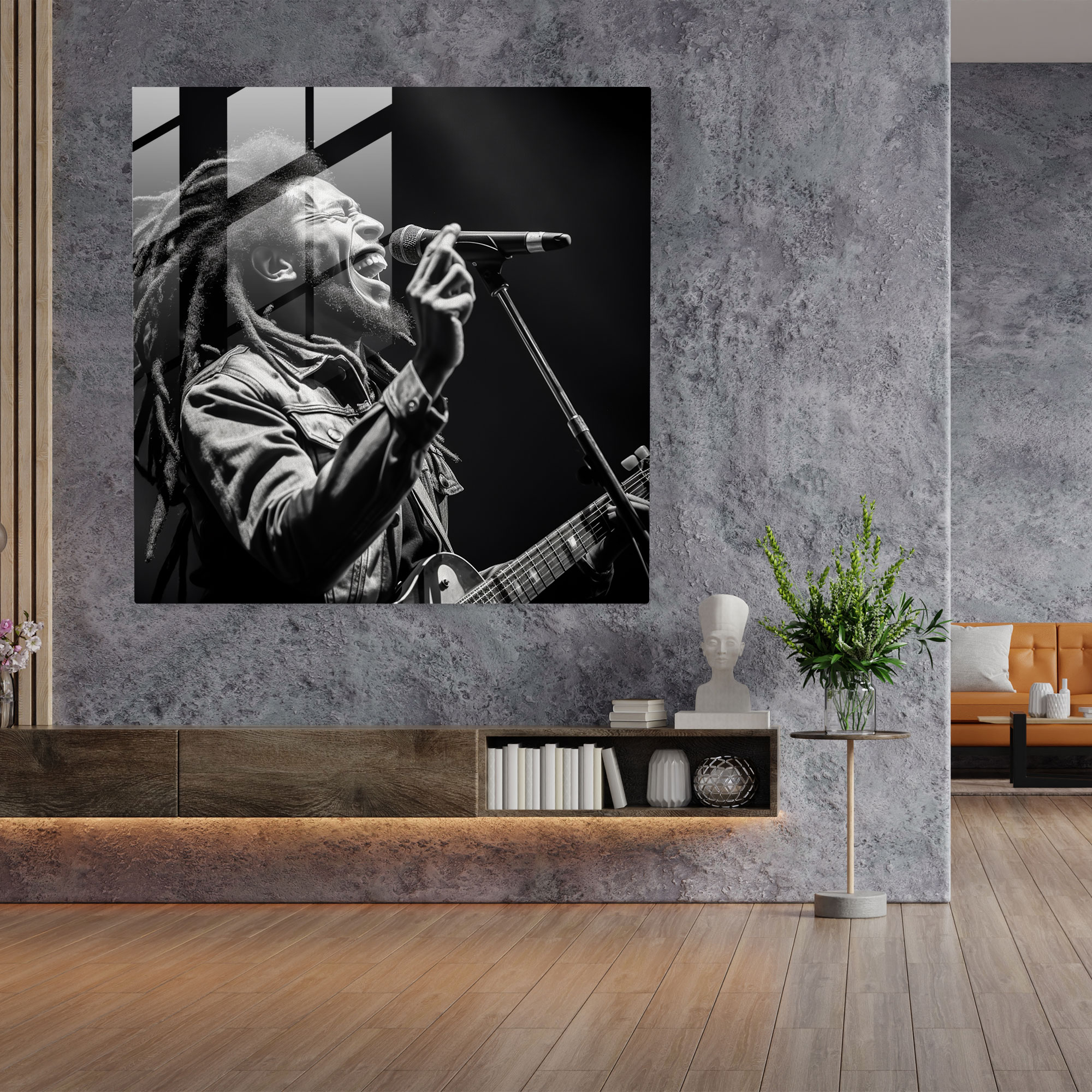 Bob Marley Glasbild - Schwarz-weiße Live-Performance - Bob Marley Glas Wandkunst Schwarz-weiß Moderne Kunst