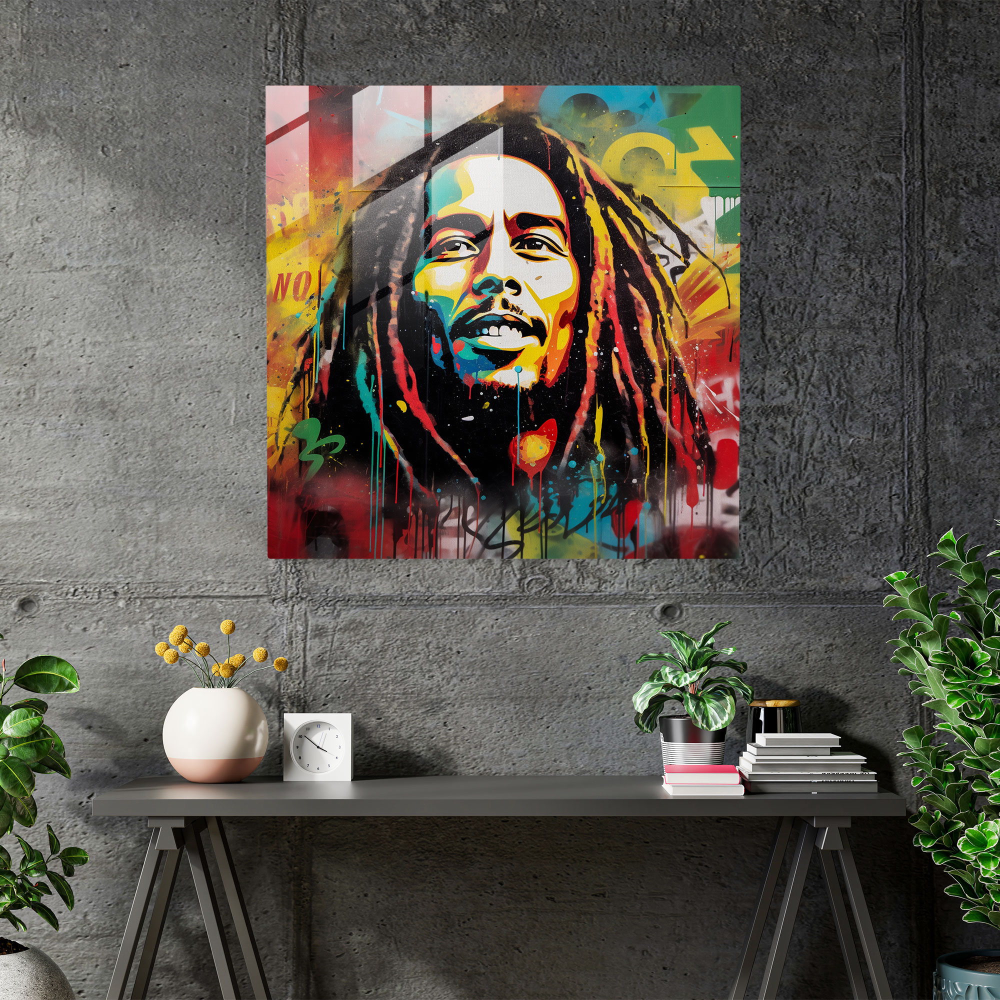 Bob Marley Glass Print - Graffiti Art Style - Bob Marley, Wall Decoration, Glass Print, Glass Art