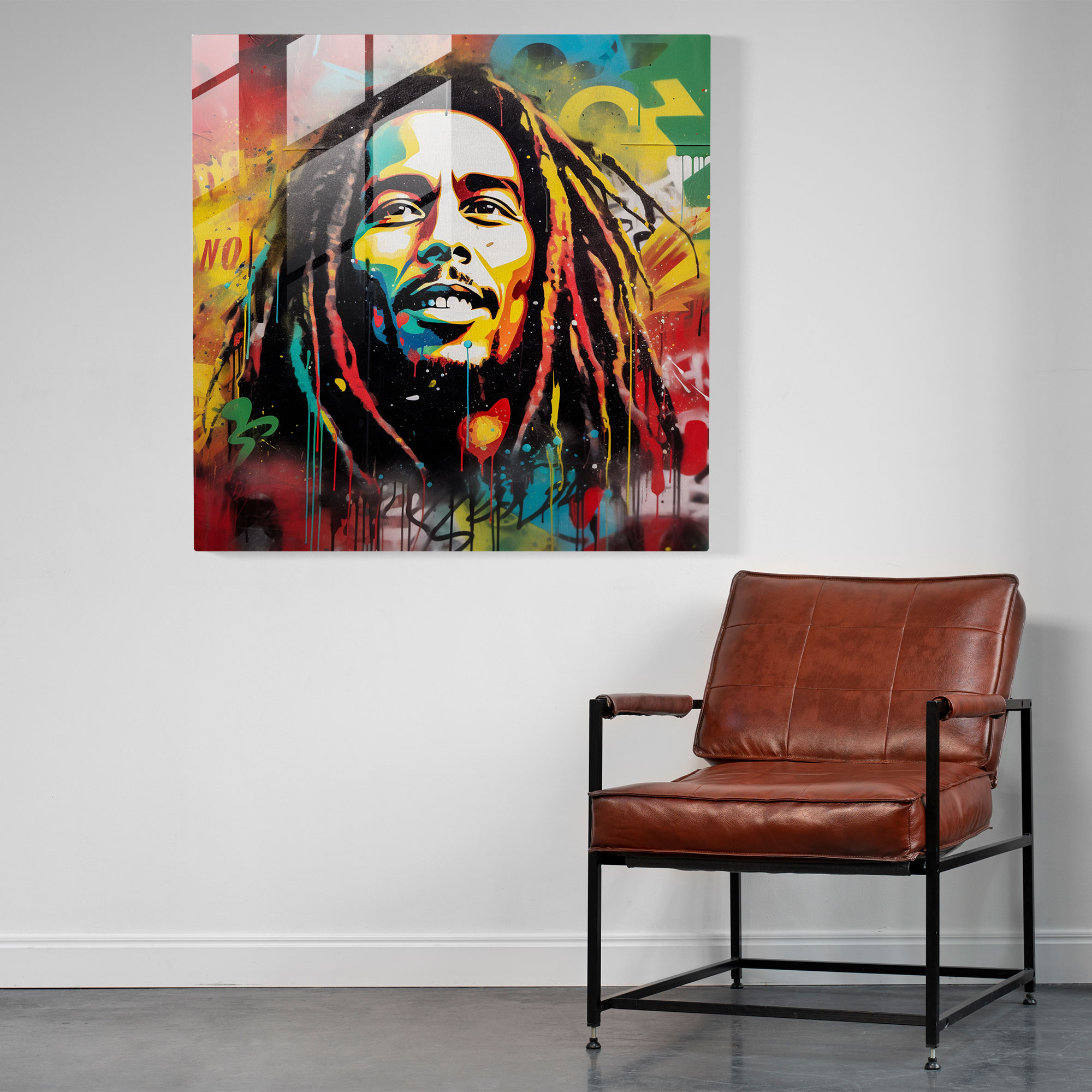 Bob Marley Glass Print - Graffiti Art Style - Bob Marley, Wall Decoration, Glass Print, Glass Art