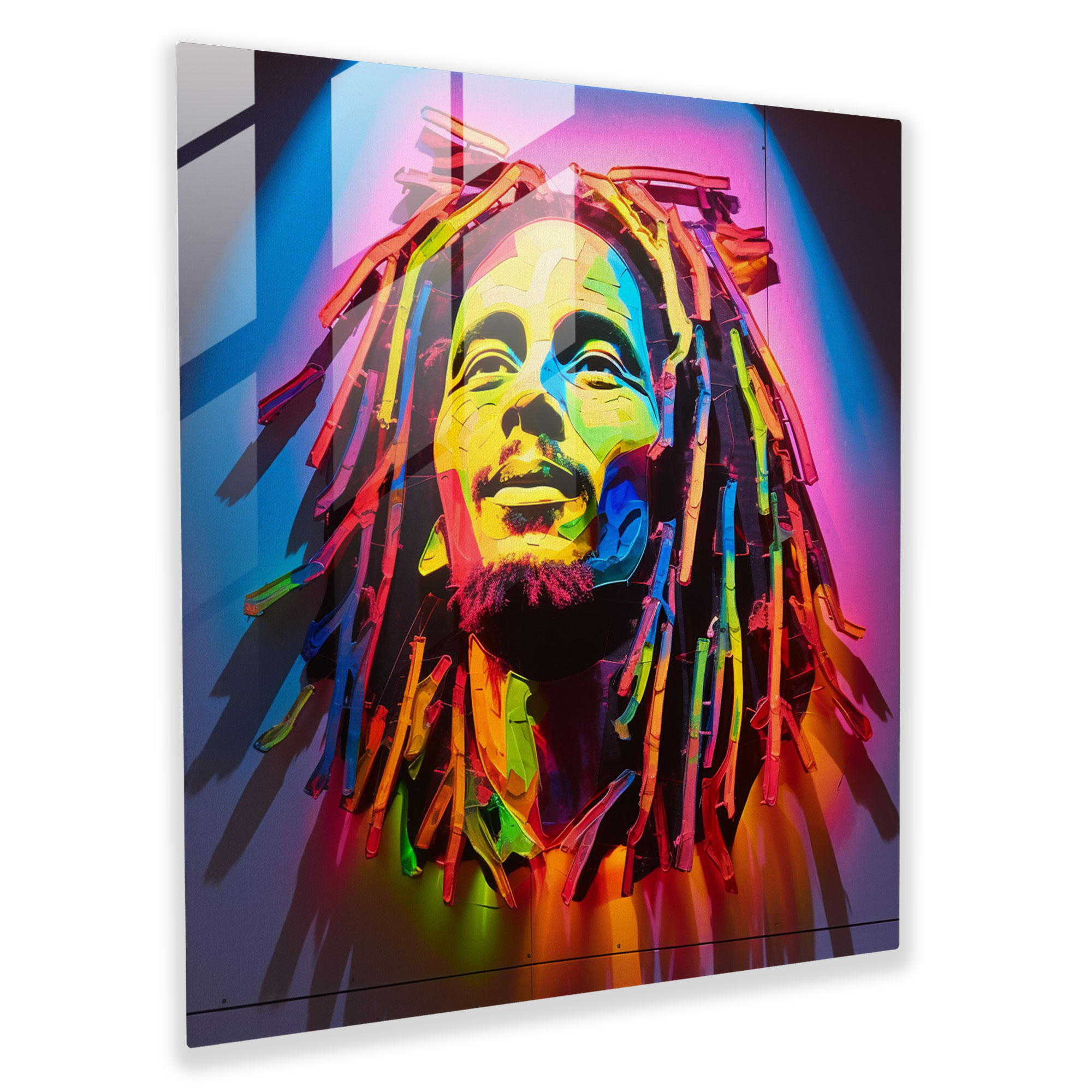 Bob Marley Glasbild - Neonlicht-Silhouette - Bob Marley Silhouette Neonlicht Glaswandkunst