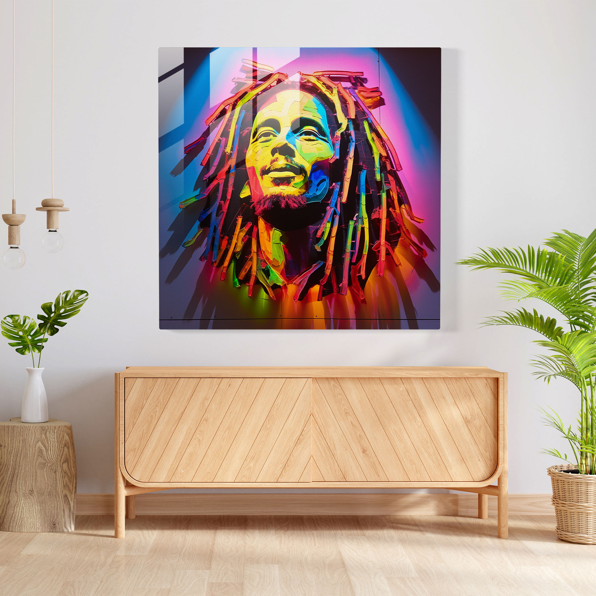 Bob Marley Glasbild - Neonlicht-Silhouette - Bob Marley Silhouette Neonlicht Glaswandkunst