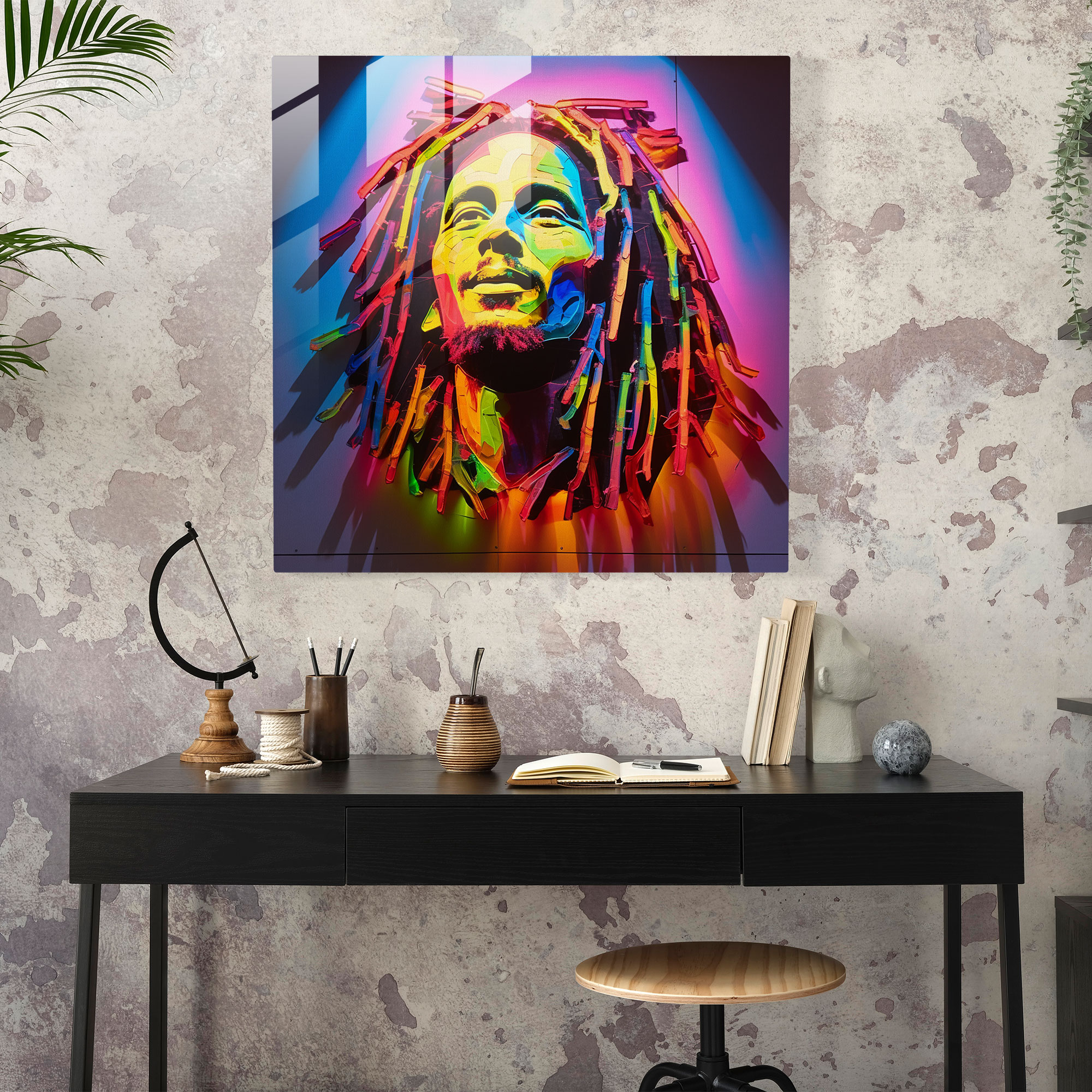 Bob Marley Glasbild - Neonlicht-Silhouette - Bob Marley Silhouette Neonlicht Glaswandkunst