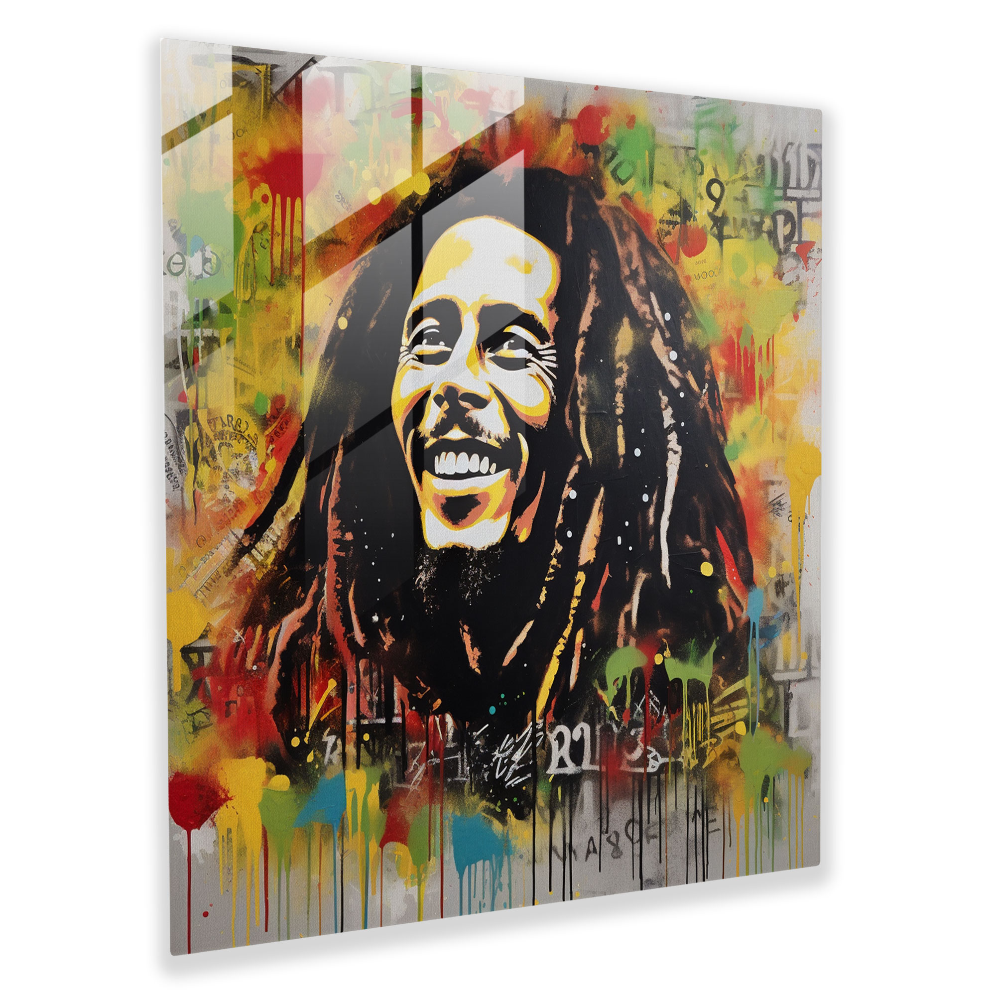 Bob Marley Glass Print - Graffiti Art With Song Lyrics - Bob Marley, Famous Songs, Home Decoration, Glass Wall Art