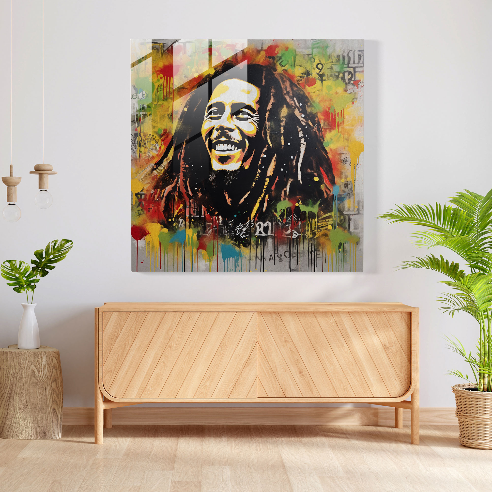 Bob Marley Glass Print - Graffiti Art With Song Lyrics - Bob Marley, Famous Songs, Home Decoration, Glass Wall Art