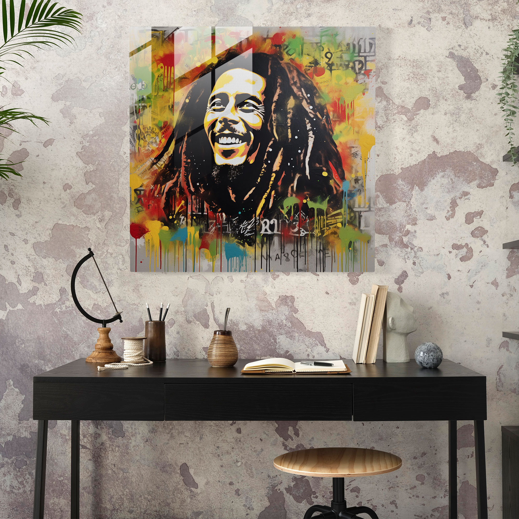 Bob Marley Glass Print - Graffiti Art With Song Lyrics - Bob Marley, Famous Songs, Home Decoration, Glass Wall Art