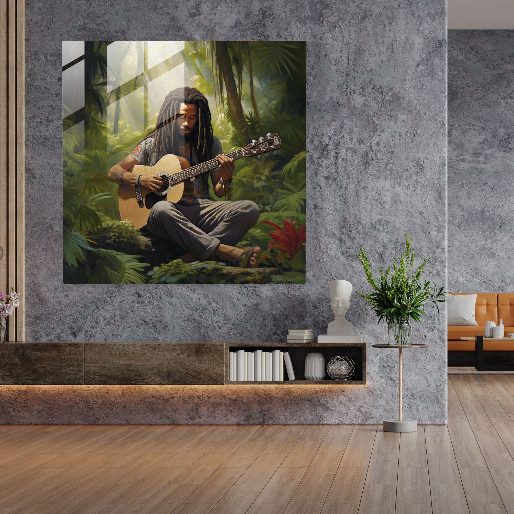 Bob Marley Glass Print - Tropical Forest Harmony - Bob Marley, Home Decoration, Glass Art, Glass Wall Art