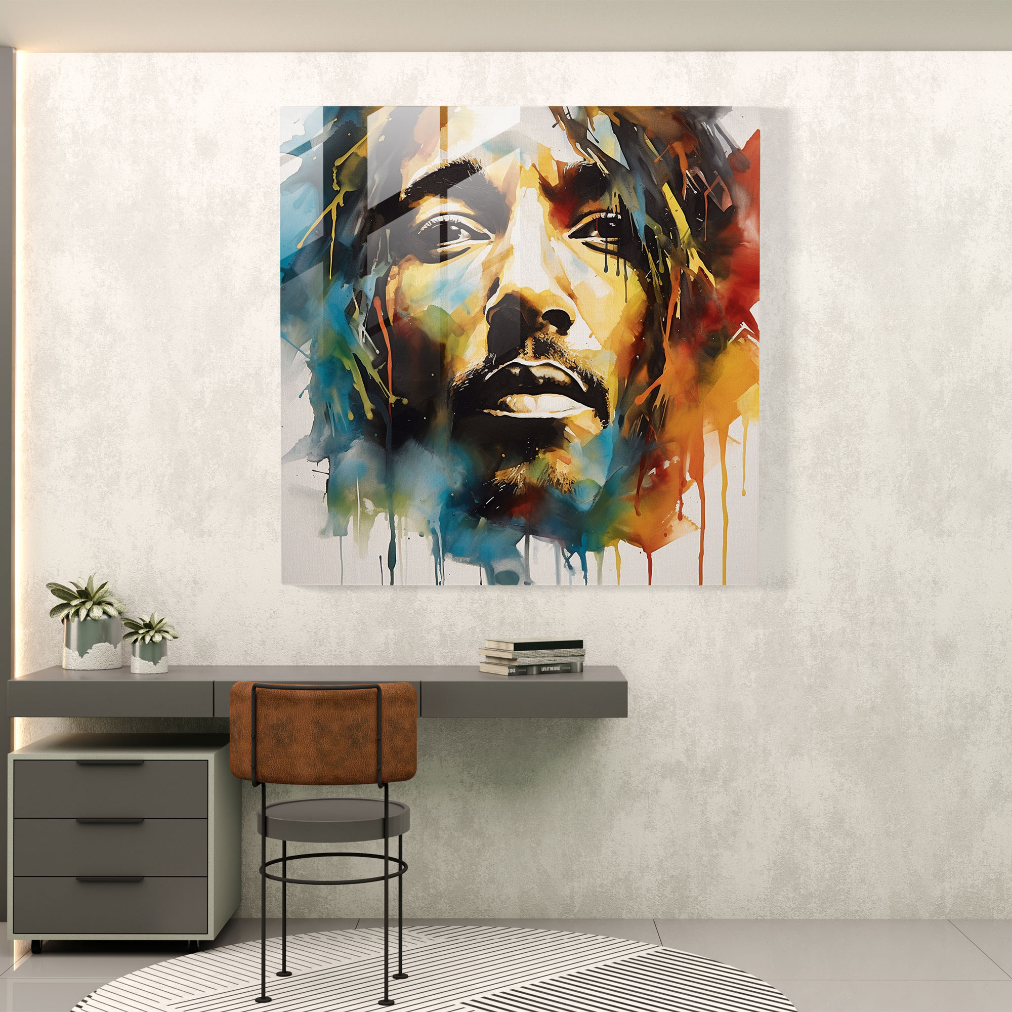 Buntes Bob Marley Glasbild - Bob Marley Wanddekoration Wohnkultur Fließende Pinselstriche