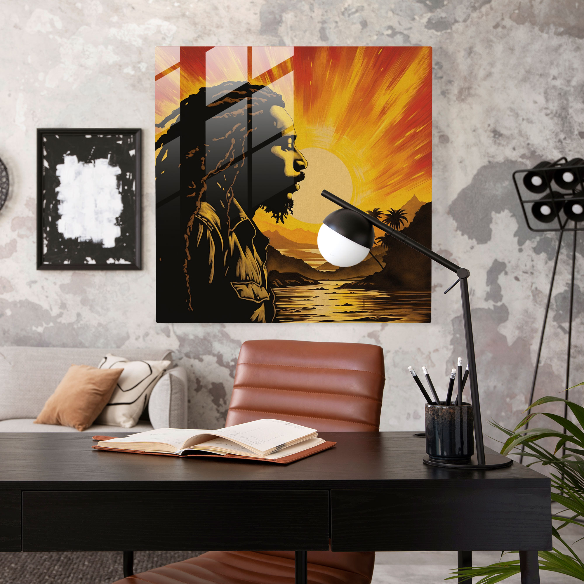 Glasbild Bob Marley Sonnenuntergang - Bob Marley Glaswandkunst Dekoration für Zuhause Sonnenuntergang Hintergrund
