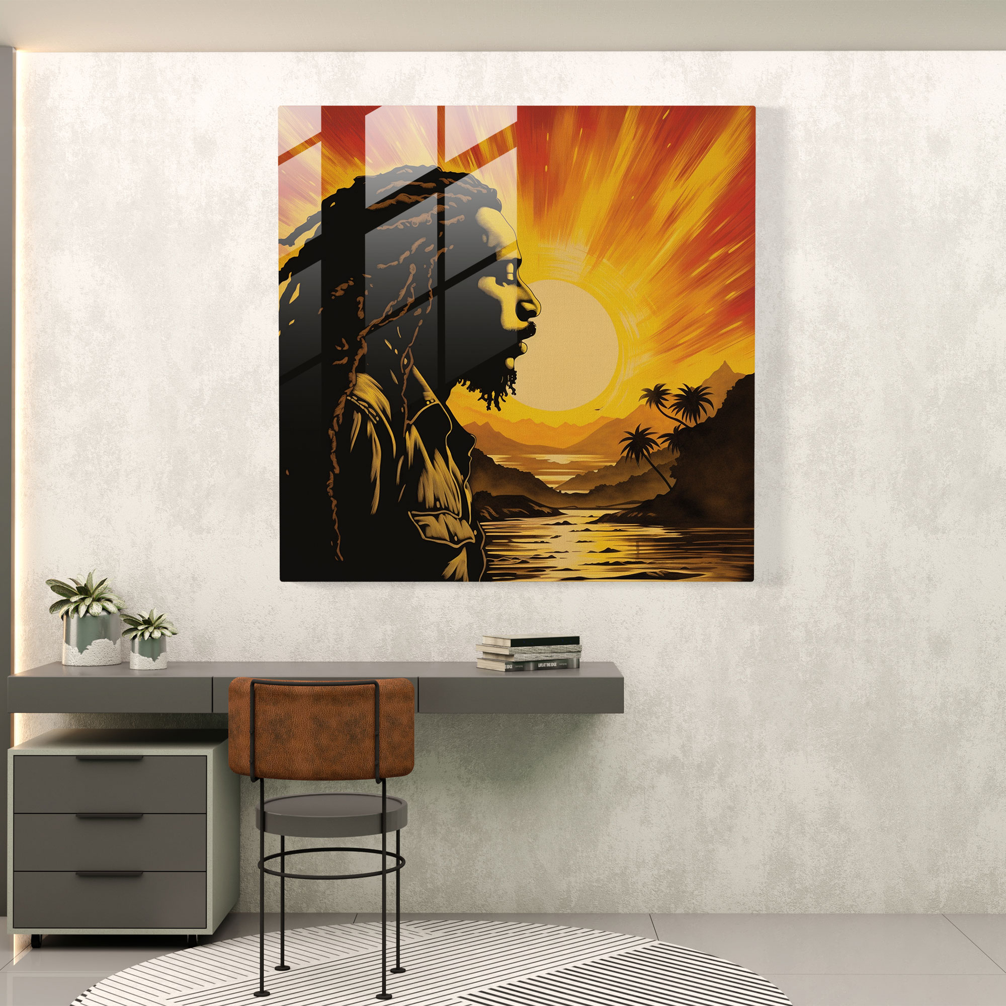 Glasbild Bob Marley Sonnenuntergang - Bob Marley Glaswandkunst Dekoration für Zuhause Sonnenuntergang Hintergrund