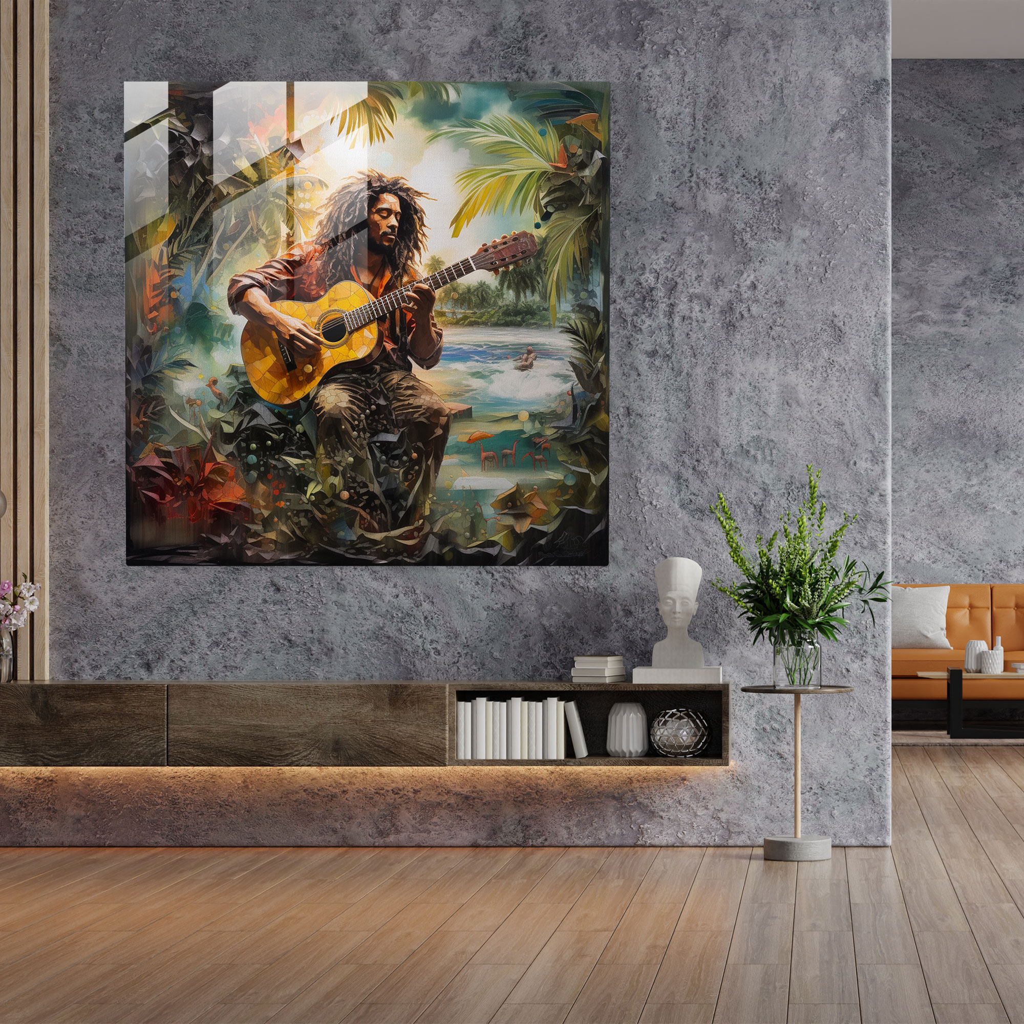 Tropisches Bob Marley Glasbild - Bob Marley Wanddekoration tropisches Paradies