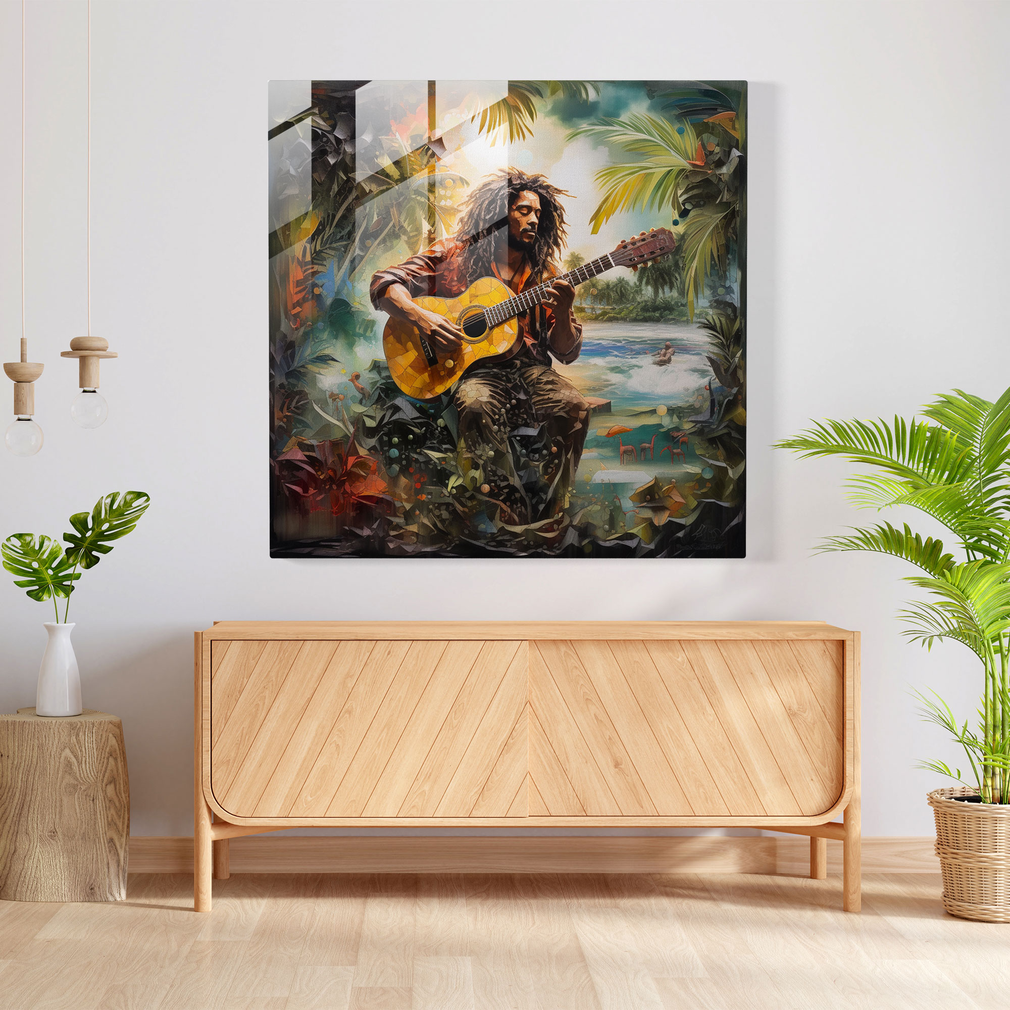 Tropisches Bob Marley Glasbild - Bob Marley Wanddekoration tropisches Paradies