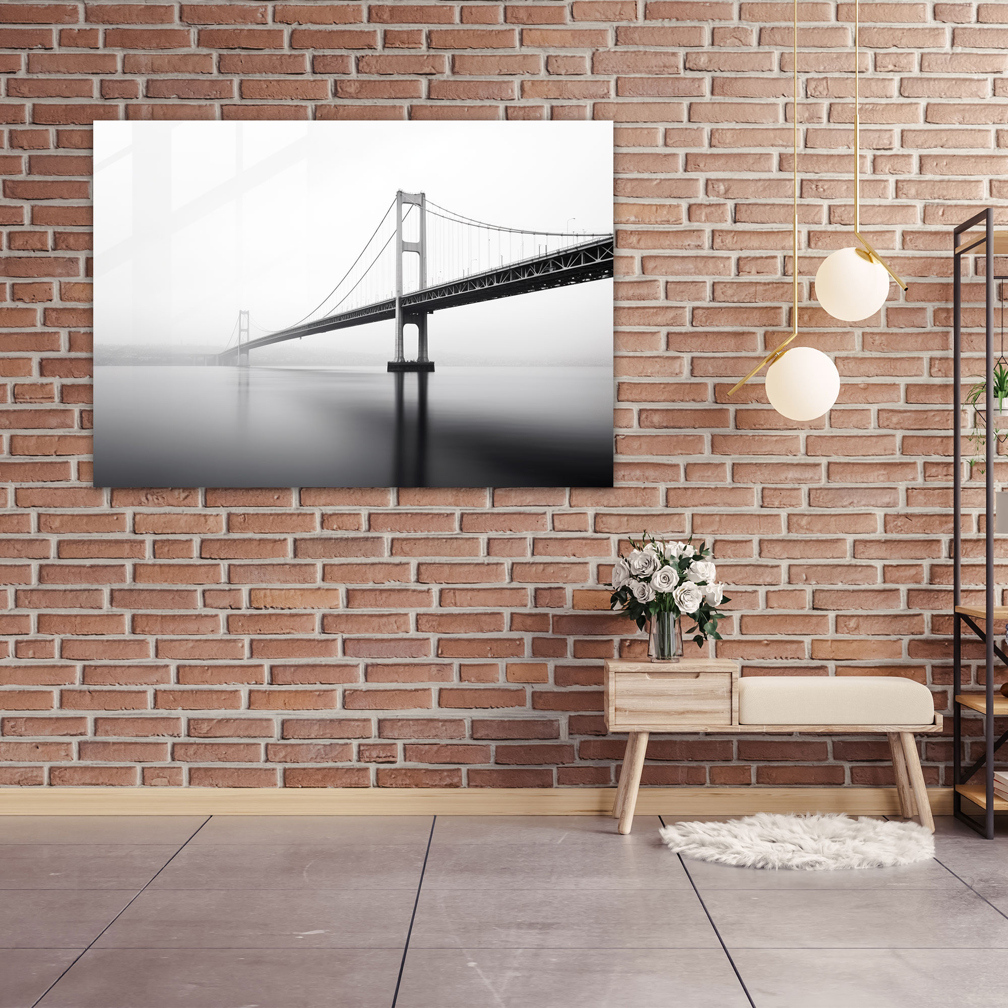 Bosphorus Bridge Glass Print - Bosphorus Bridge, Architectural Beauty, Minimalist Black And White Photograph, Home Decoration