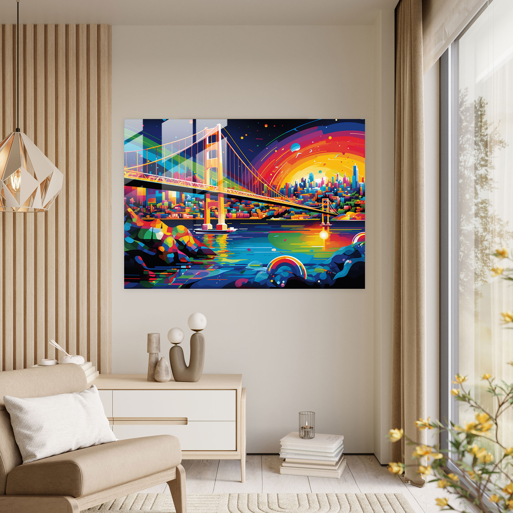 Boğaziçi Köprüsü Cam Tablo - Boğaziçi Köprüsü Cam Duvar Sanatı Enerjik Modern Sanat