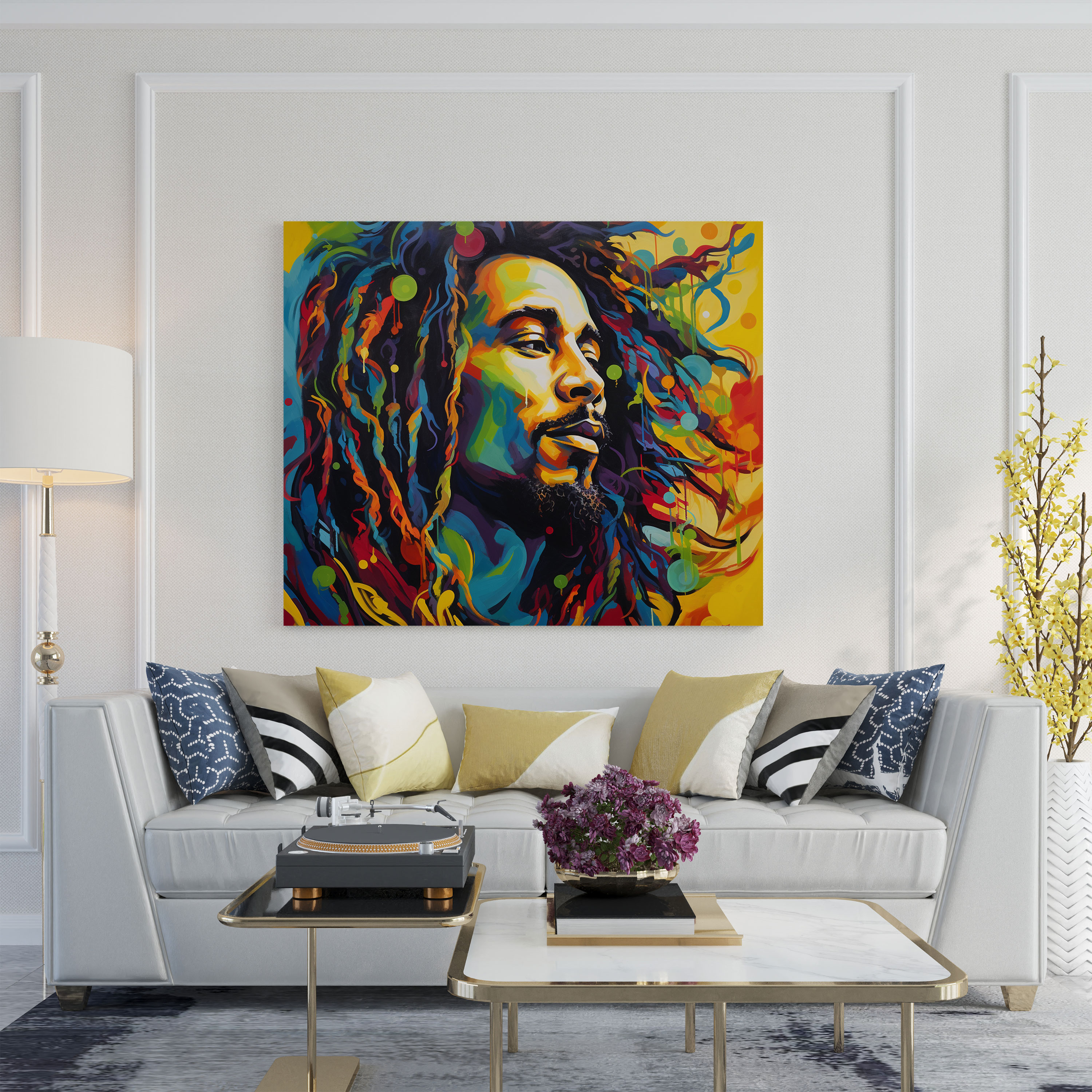 Bob Marley Kanvas Tablo Duvar Sanatı - Canlı Renkli Desenlerle Bob Marley Duvar Dekorasyonu