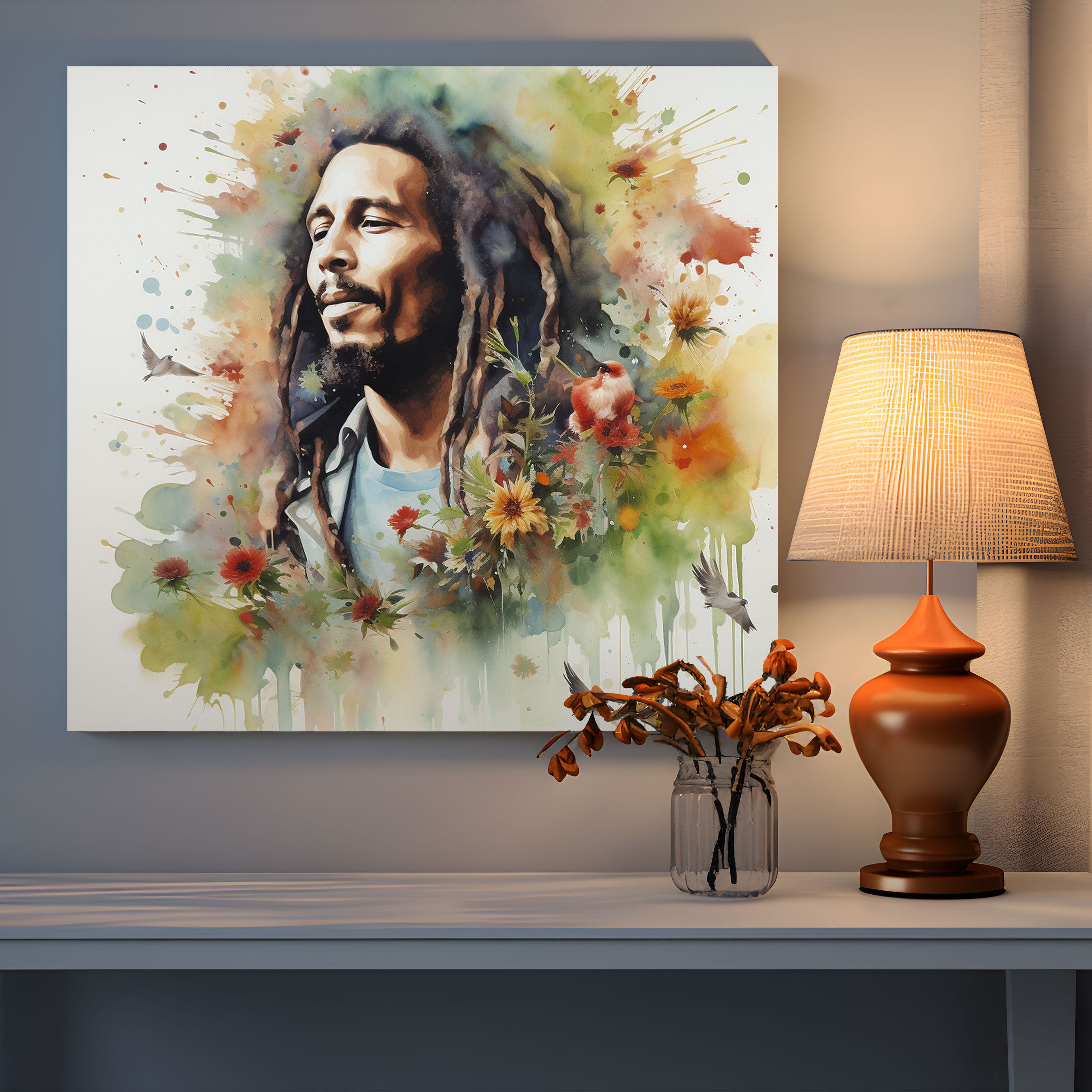 Leinwandbild Bob Marley in Aquarell - Natürliche Elemente Wandkunst Wanddekoration