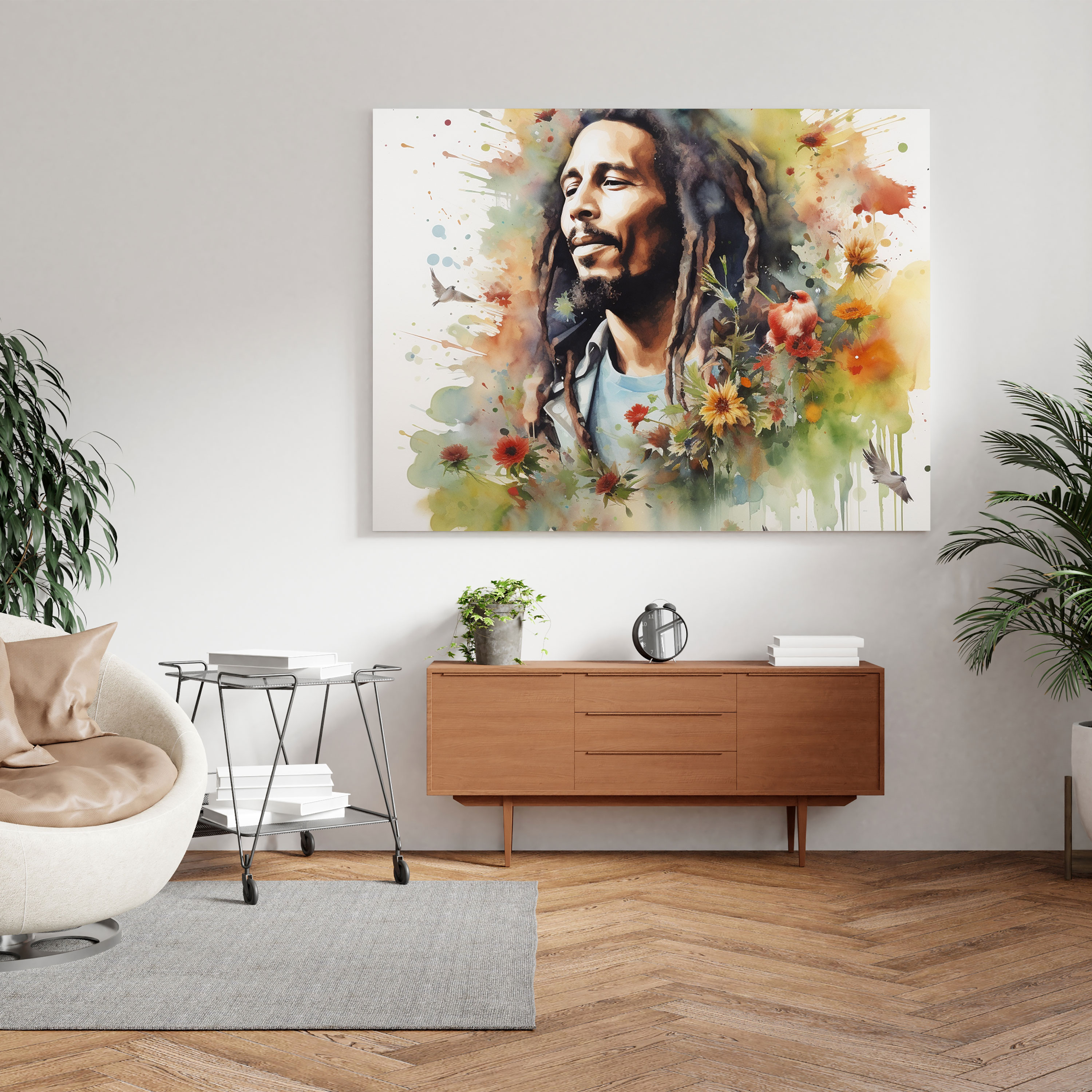 Leinwandbild Bob Marley in Aquarell - Natürliche Elemente Wandkunst Wanddekoration
