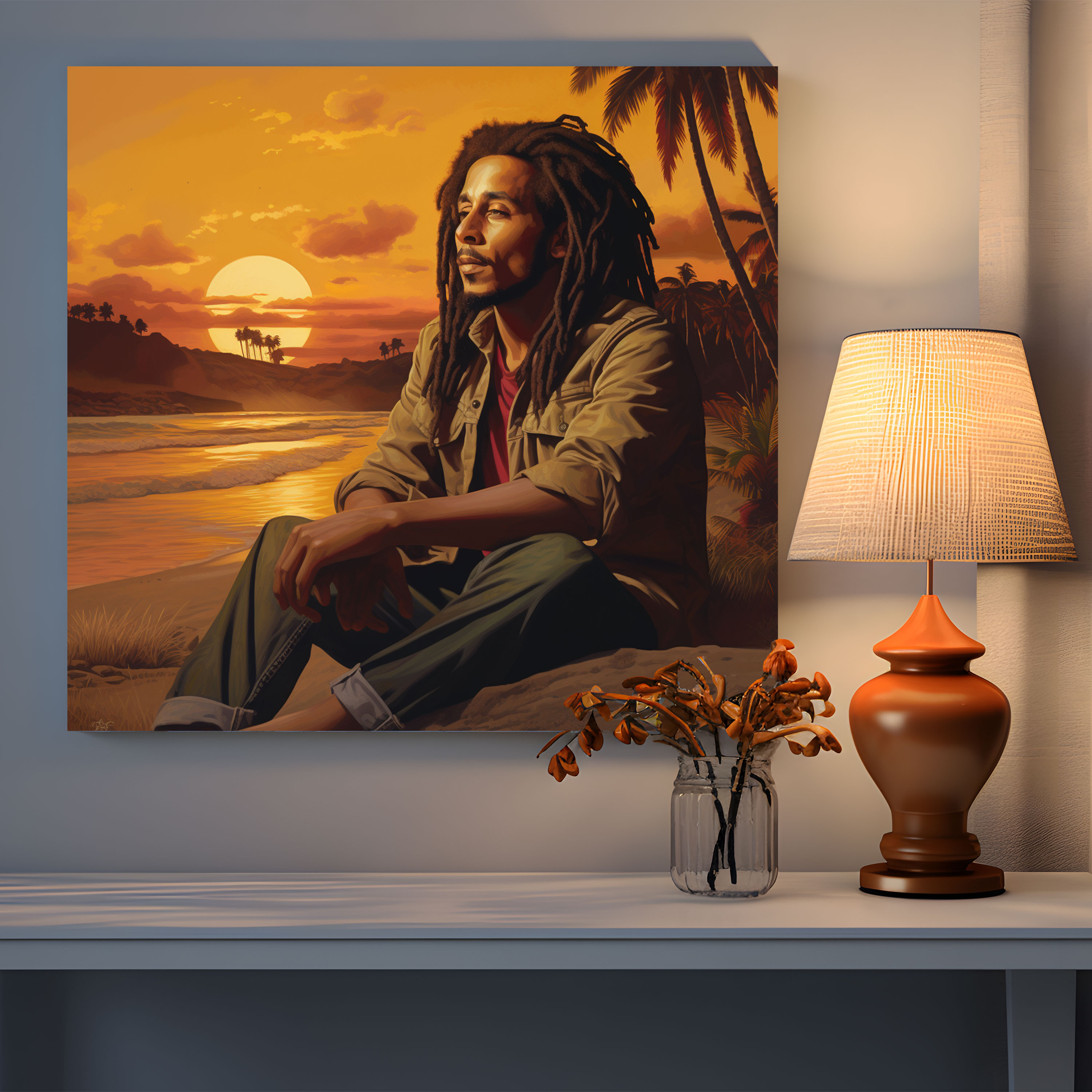 Bob Marley Canvas Print - Tropical Sunset Wall Decoration - Bob Marley, Bob Marley, Canvas Print, Palm Trees