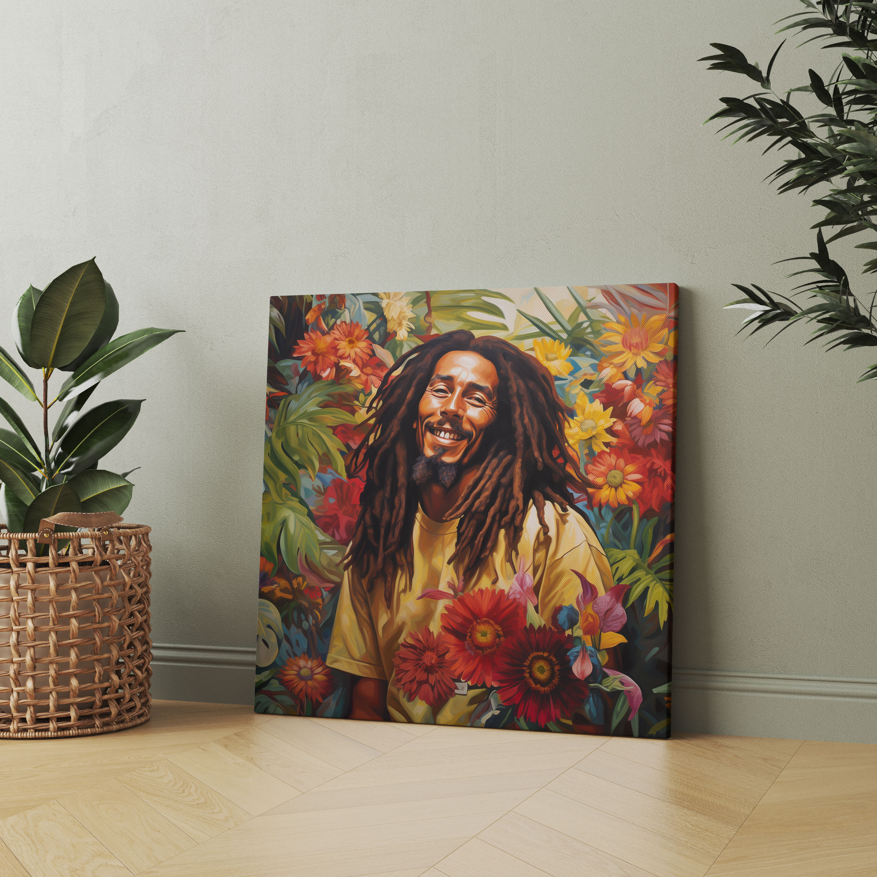 Bob Marley Tropikal Kanvas Tablo - Bob Marley Canlı Ruh Tropikal Çiçekler Portre