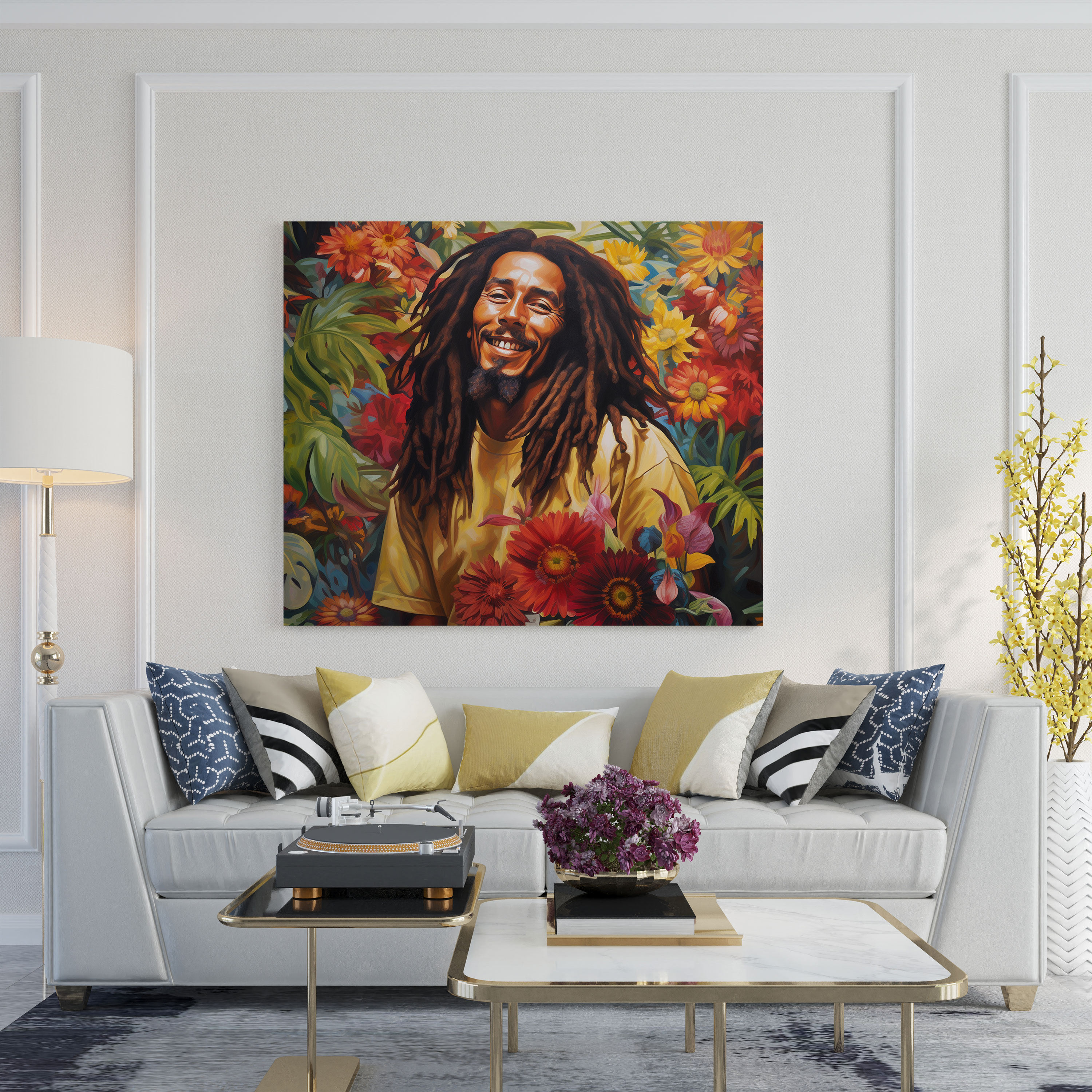 Bob Marley Tropikal Kanvas Tablo - Bob Marley Canlı Ruh Tropikal Çiçekler Portre
