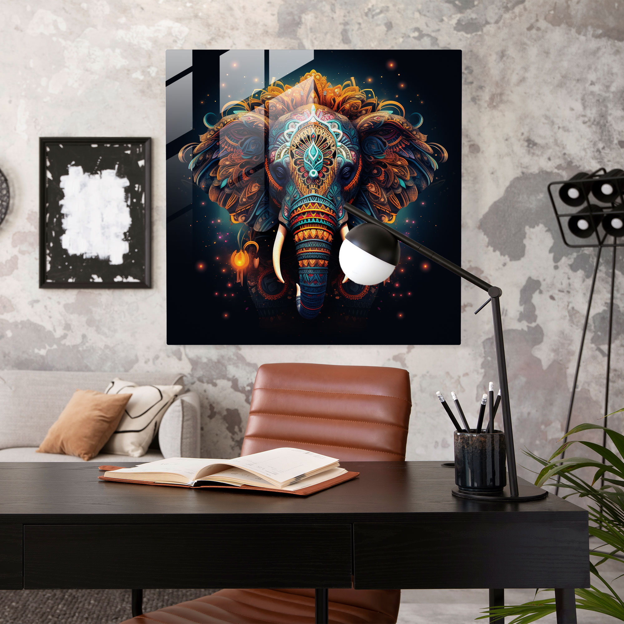 Bohemian Elephant Glass Print - Bohemian, Boho-Inspired Digital Artwork, Bohemian Vibes, Wall Decoration