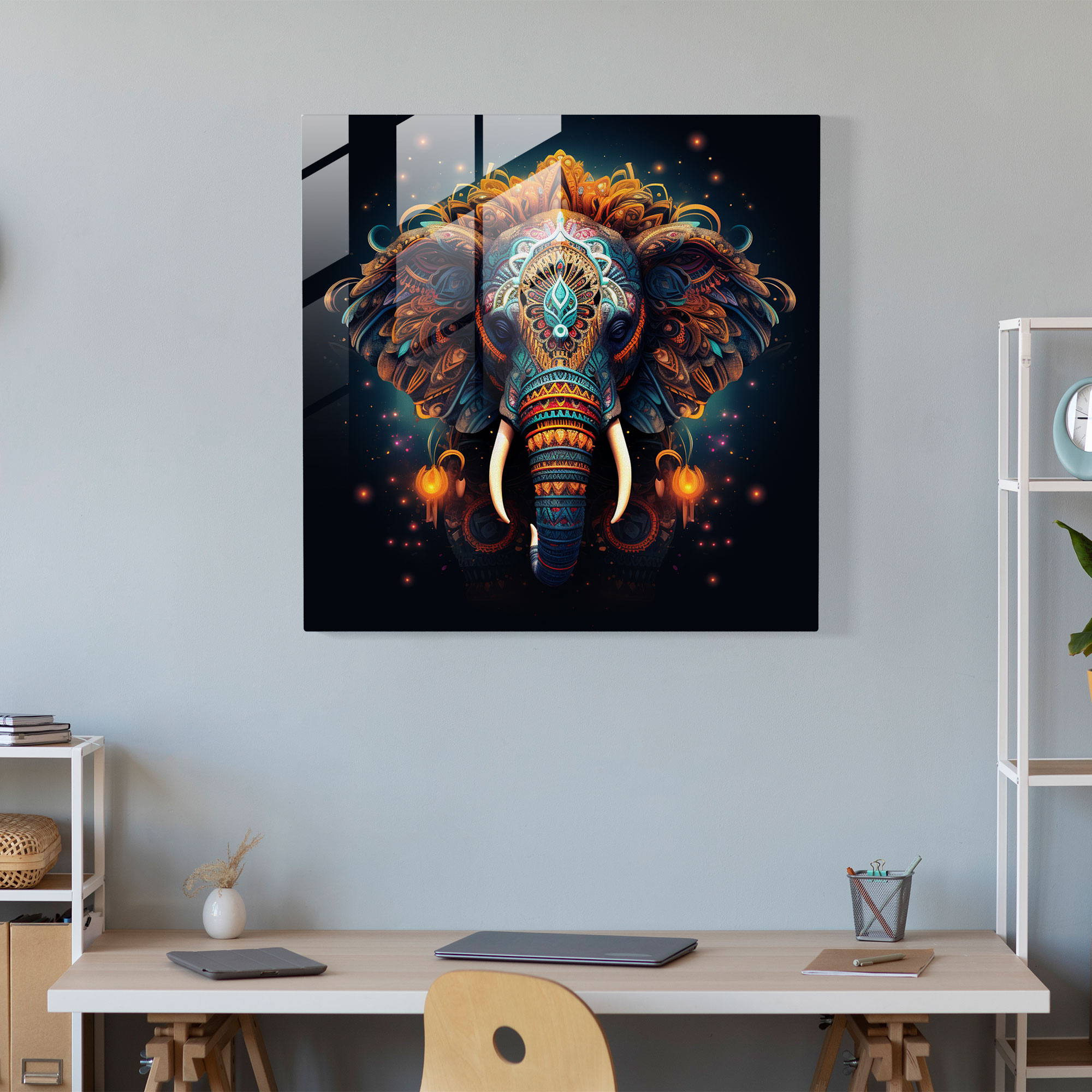 Bohemian Elephant Glass Print - Bohemian, Boho-Inspired Digital Artwork, Bohemian Vibes, Wall Decoration