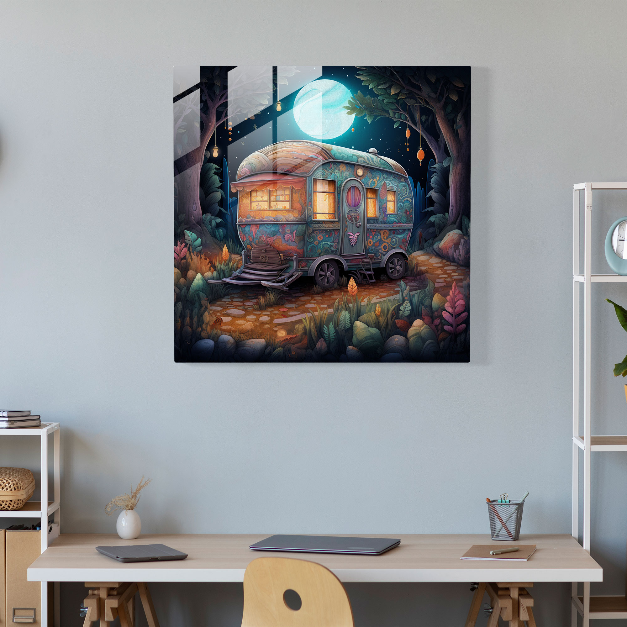 Bohemian Caravan Glass Print - Bohemian, Mystical Forest, Modern Art, Whimsical Illustration