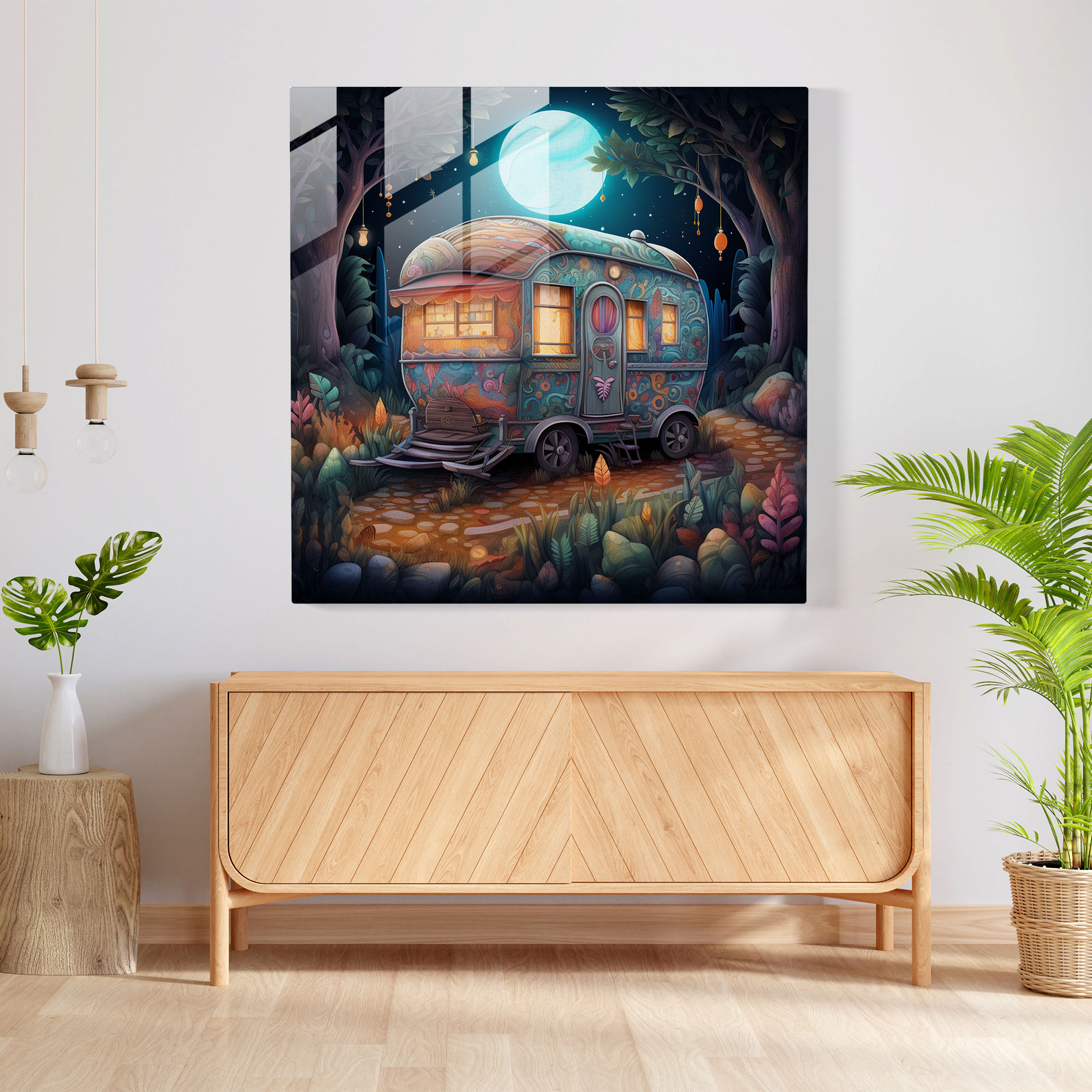 Bohemian Caravan Glass Print - Bohemian, Mystical Forest, Modern Art, Whimsical Illustration