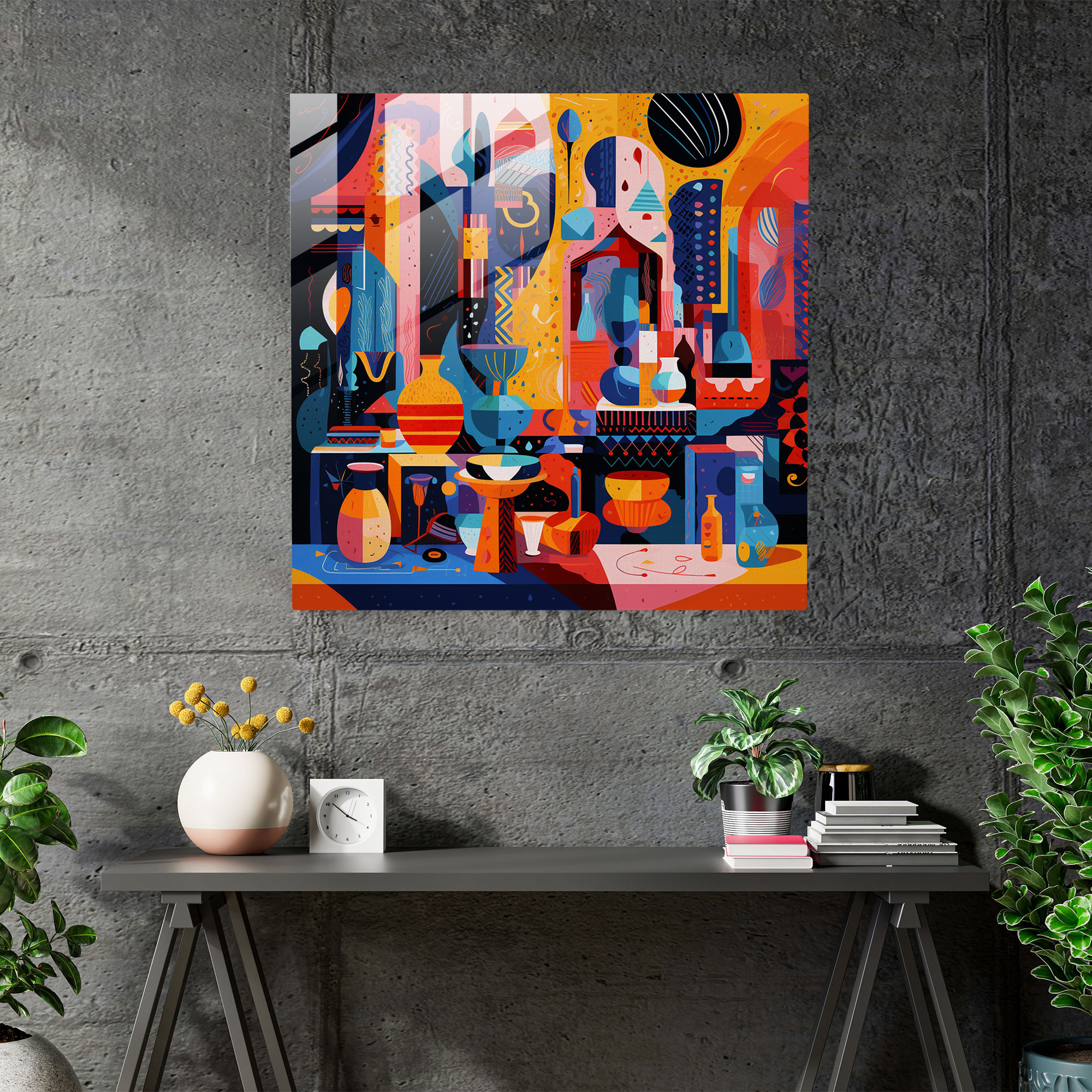 Bohem Tarzı Geometrik Cam Tablo - Modern Sanat Ev Dekorasyonu