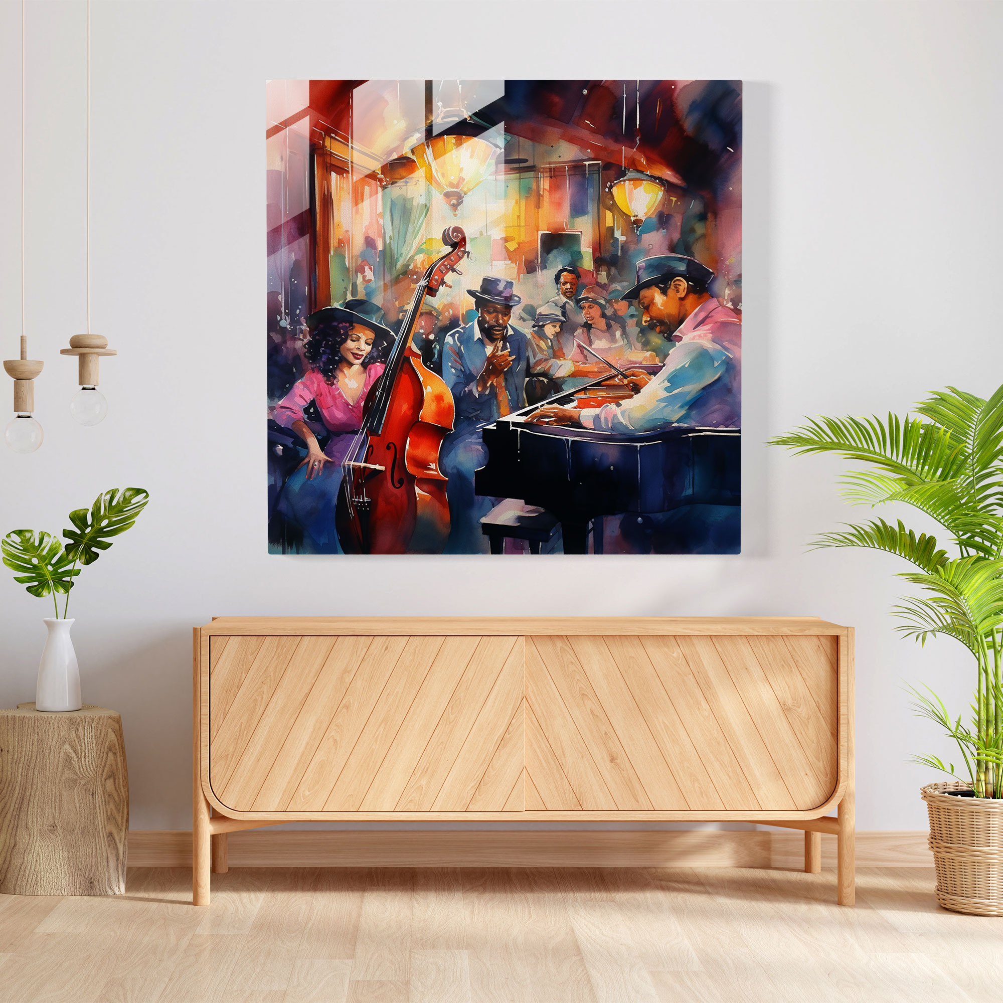 Bohemian Musicians Glass Print - Bohemian, Vibrant Painting, Glass Print, Jazz Music