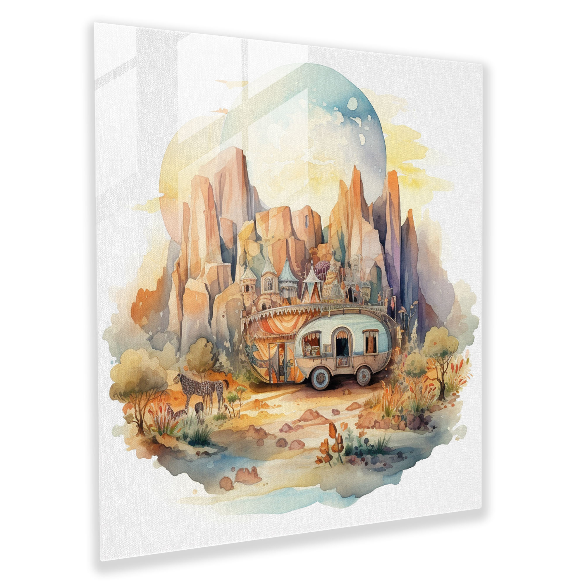Nomadic Caravan Glass Print - Bohemian, Dreamy Illustration, Wall Decoration, Picturesque Landscape