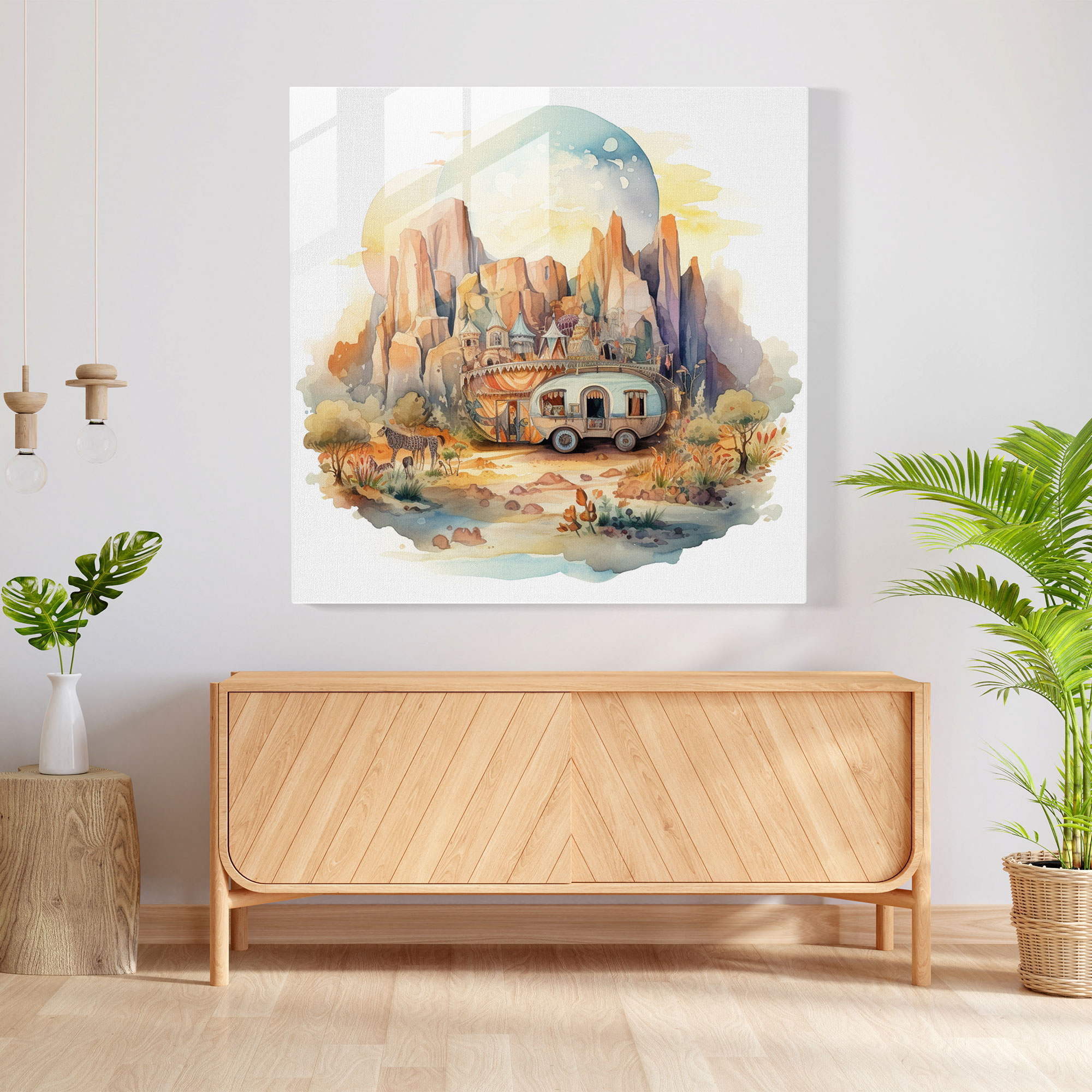 Nomadic Caravan Glass Print - Bohemian, Dreamy Illustration, Wall Decoration, Picturesque Landscape