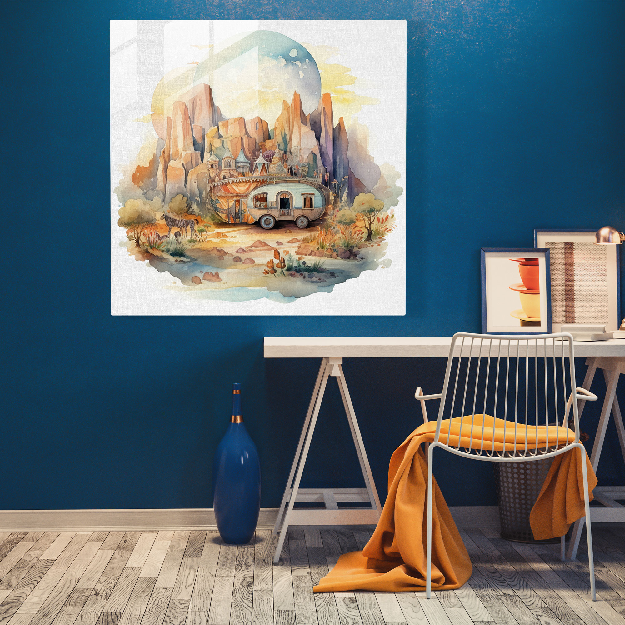 Nomadic Caravan Glass Print - Bohemian, Dreamy Illustration, Wall Decoration, Picturesque Landscape