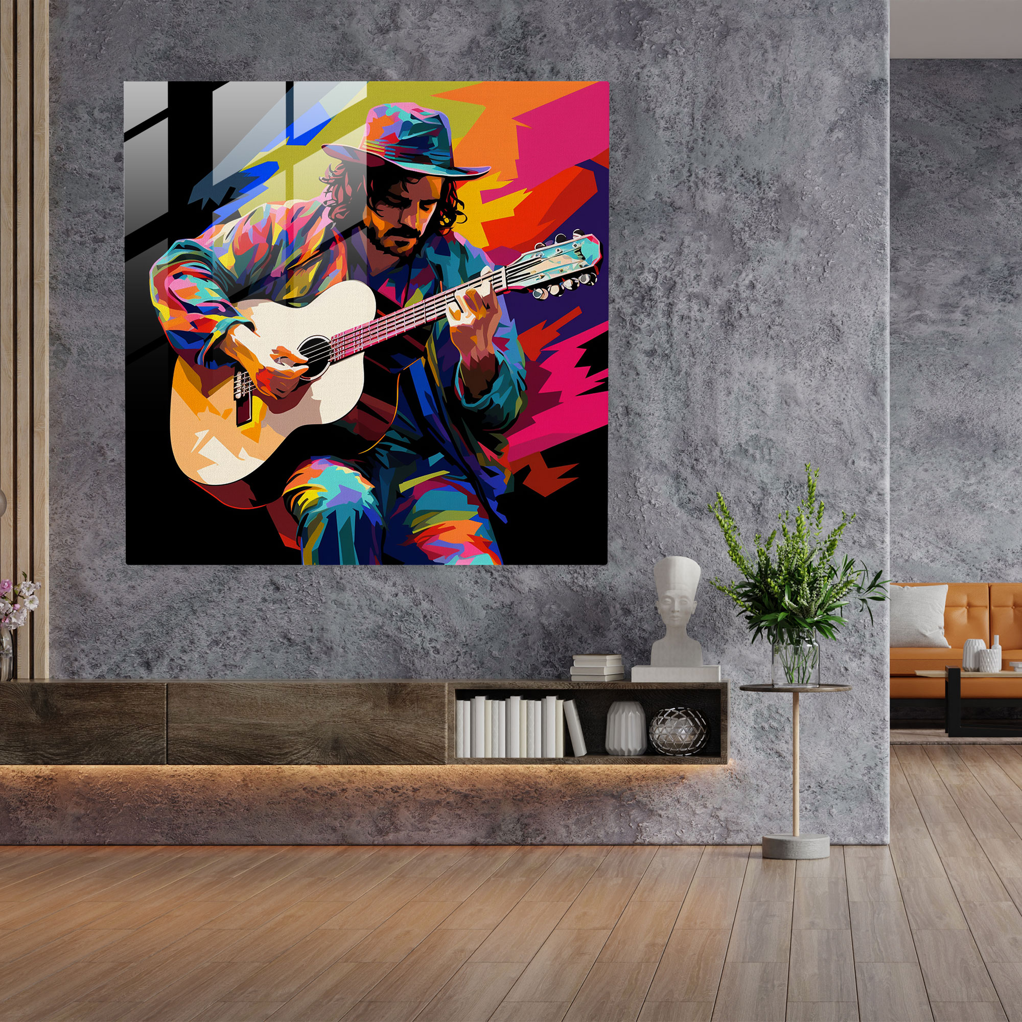 Bohemian Musician Glass Print - Bohemian, Glass Art, Vibrant Colors, Pop Art Illustration