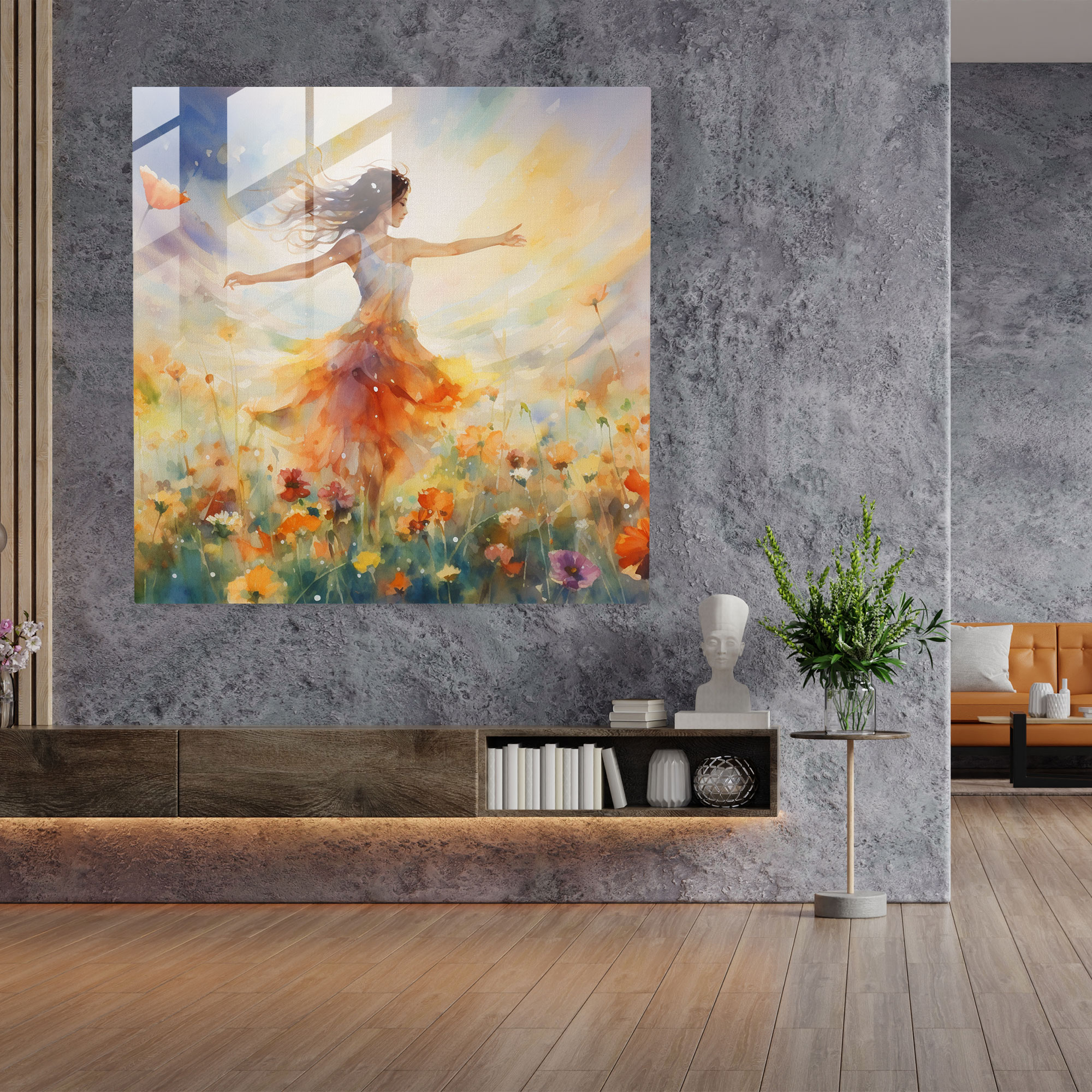 Bohem Tarzı Suluboya Cam Tablo - Bohem Bohem Kadın Cam Sanatı Modern Sanat