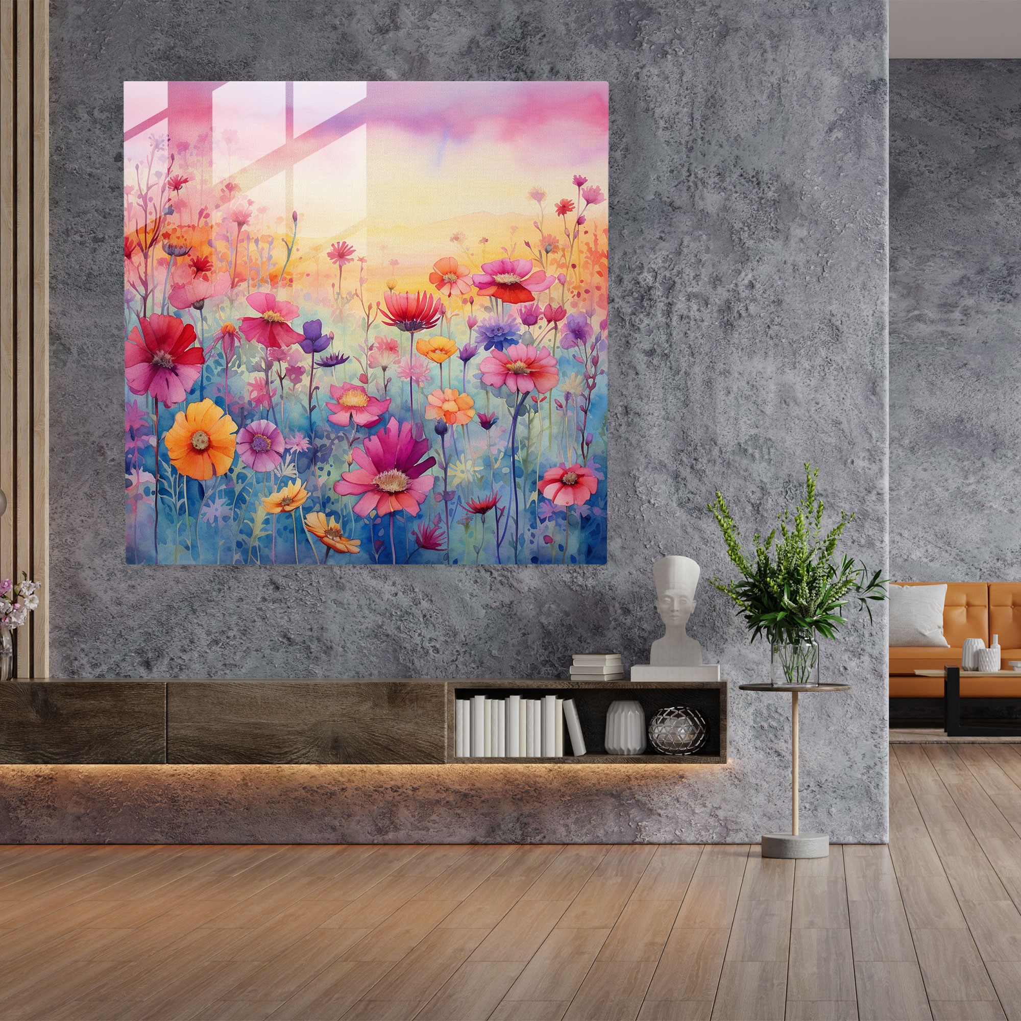 Bohem Tarzı Su Boyası Çiçek Alanı Cam Tablo - Modern Sanat Bohem Tarzı